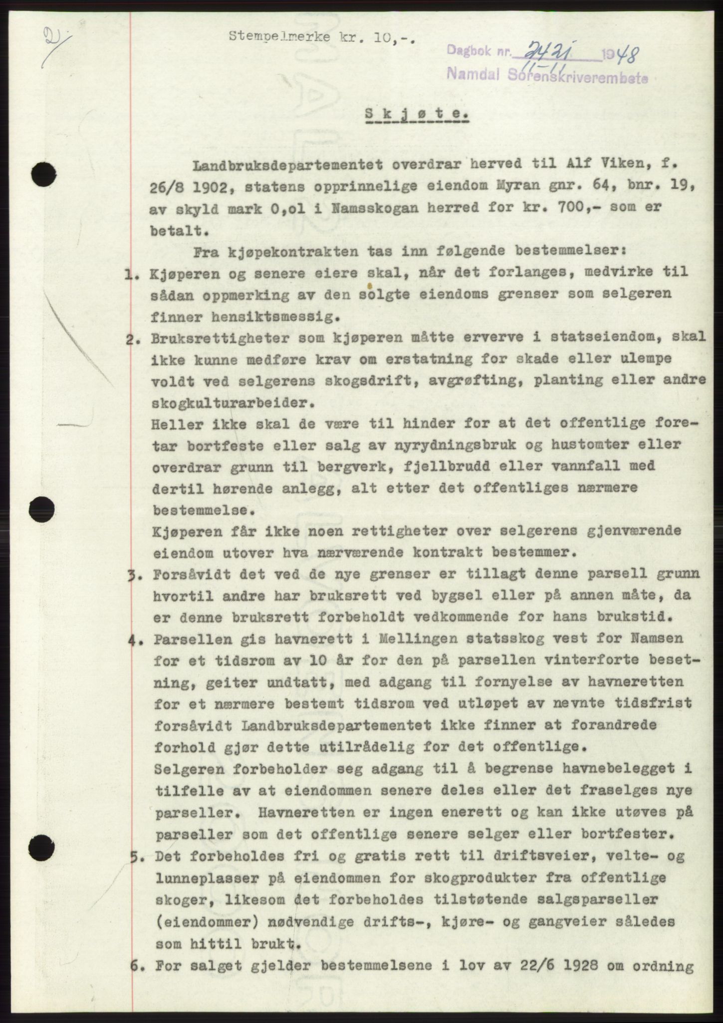 Namdal sorenskriveri, SAT/A-4133/1/2/2C: Pantebok nr. -, 1948-1948, Dagboknr: 2421/1948