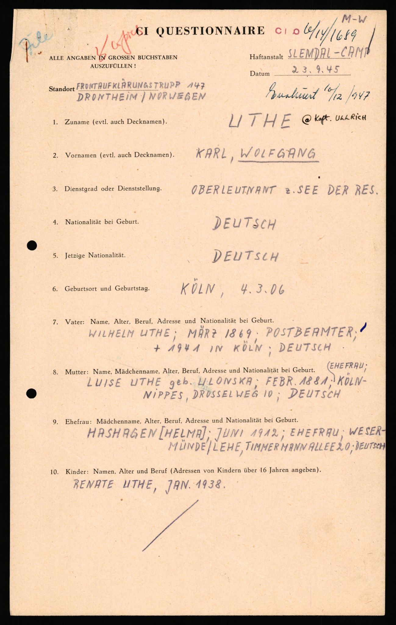 Forsvaret, Forsvarets overkommando II, AV/RA-RAFA-3915/D/Db/L0034: CI Questionaires. Tyske okkupasjonsstyrker i Norge. Tyskere., 1945-1946, s. 218