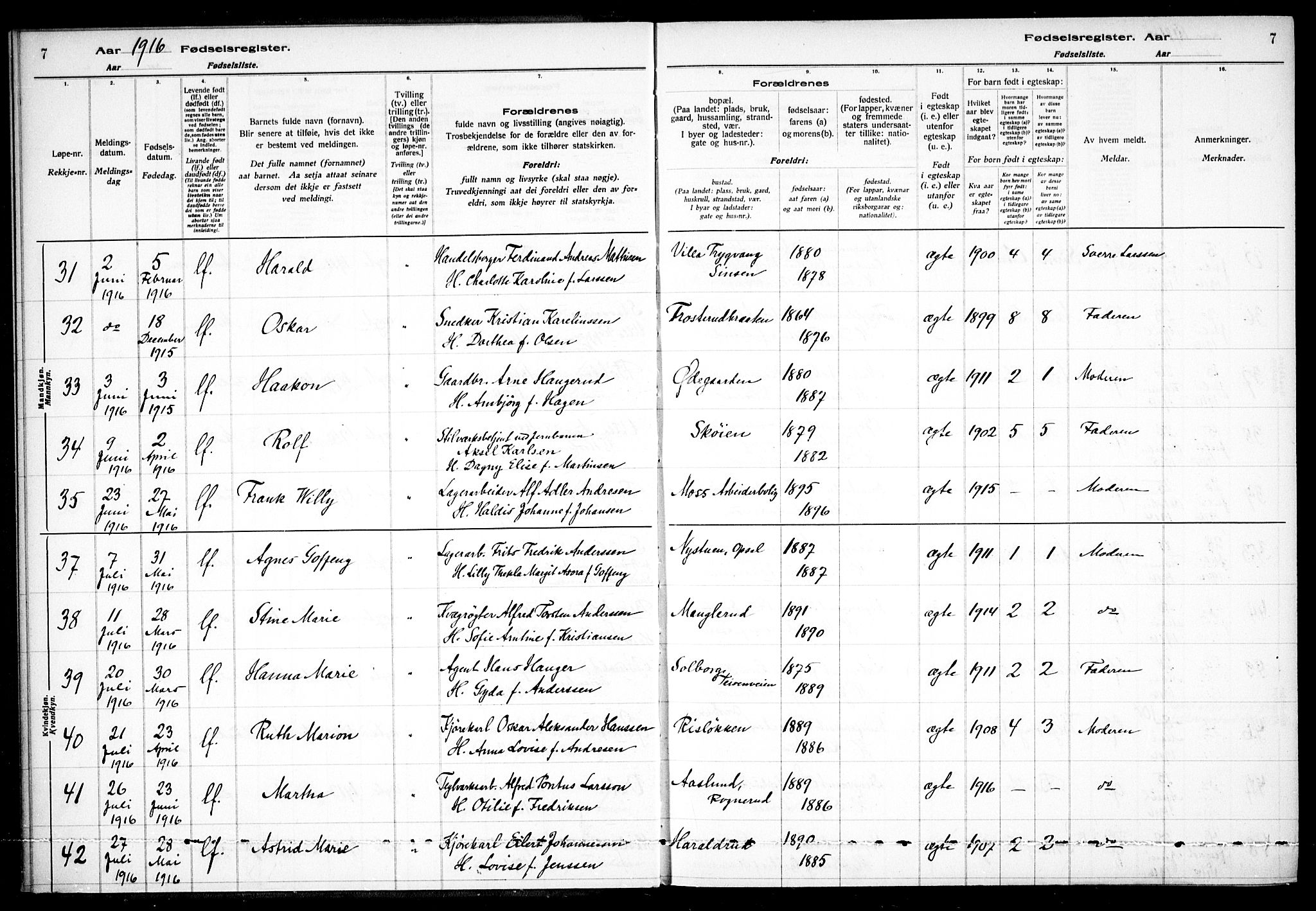 Østre Aker prestekontor Kirkebøker, SAO/A-10840/J/Ja/L0001: Fødselsregister nr. I 1, 1916-1923, s. 7