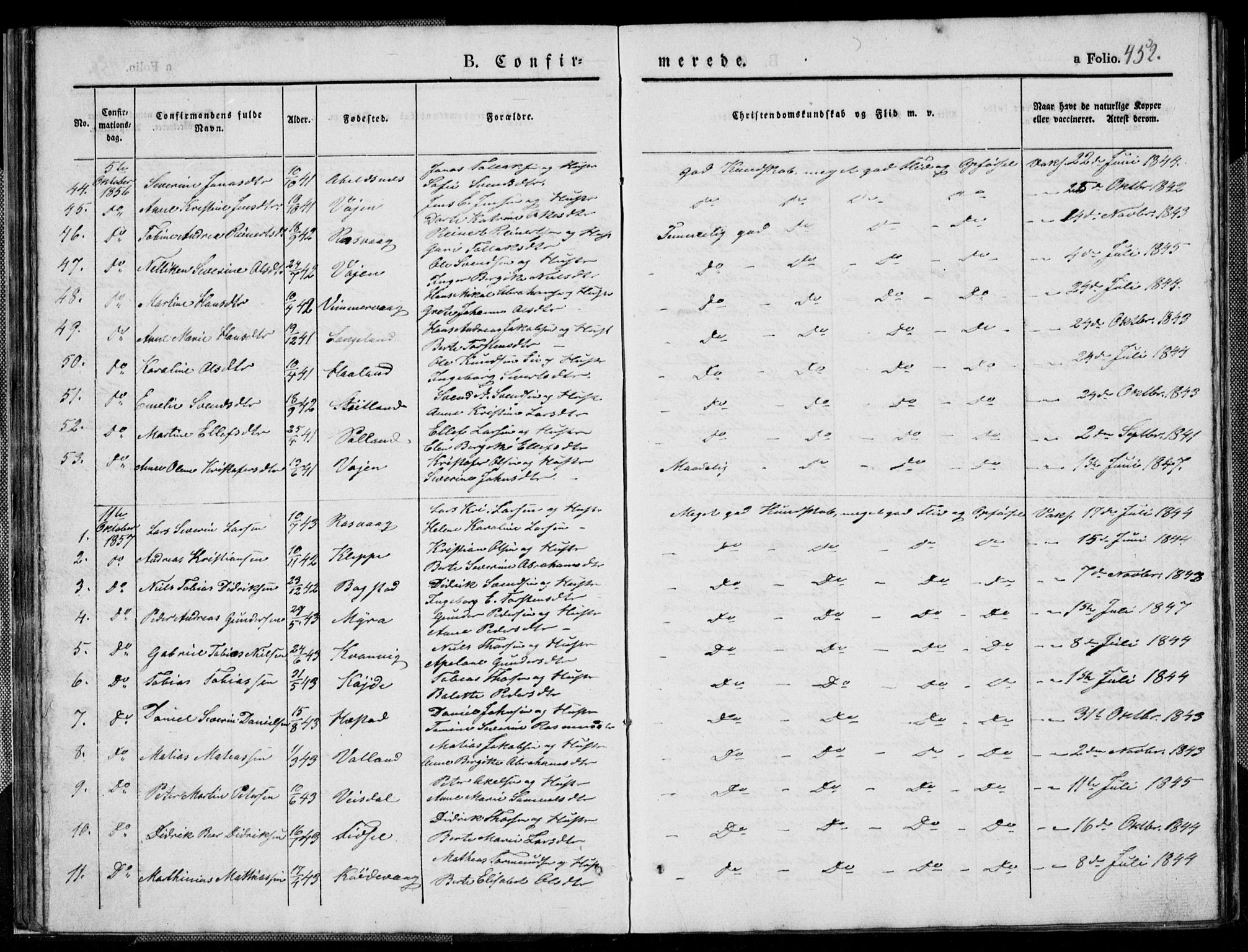Flekkefjord sokneprestkontor, AV/SAK-1111-0012/F/Fb/Fbb/L0002: Klokkerbok nr. B 2b, 1831-1866, s. 452
