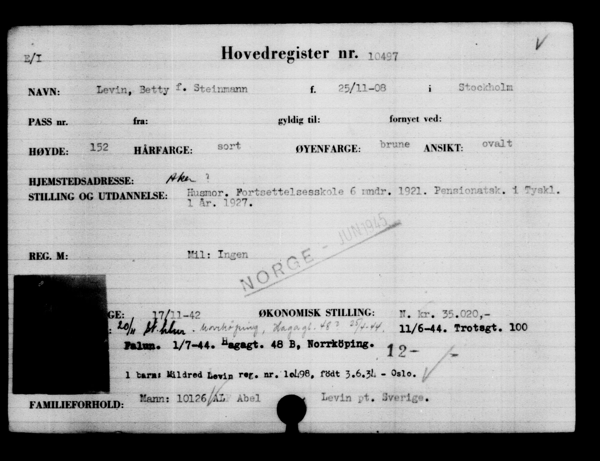 Utenriksstasjonene, Legasjonen i Stockholm, Flyktningkontoret, AV/RA-S-6753/V/Va/L0006: Kjesäterkartoteket, flyktninger med registreringsnr. 9400-12711, 1940-1945, s. 1265