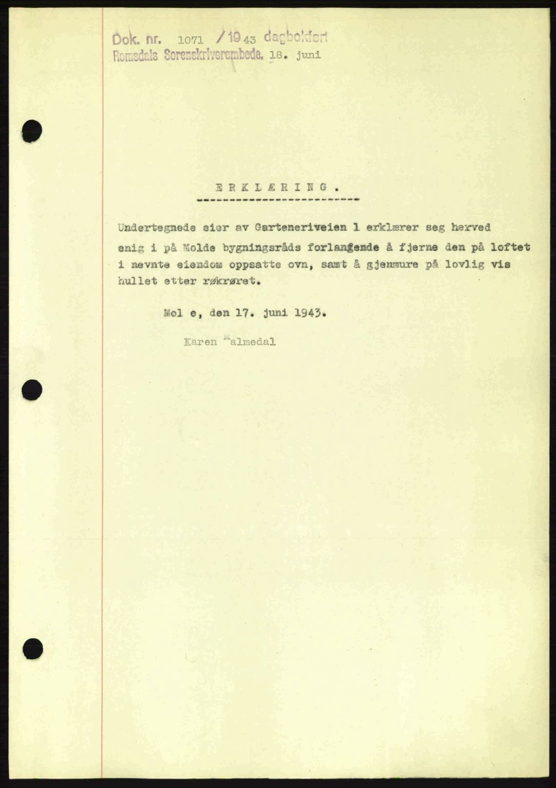 Romsdal sorenskriveri, SAT/A-4149/1/2/2C: Pantebok nr. B2, 1939-1945, Dagboknr: 1071/1943