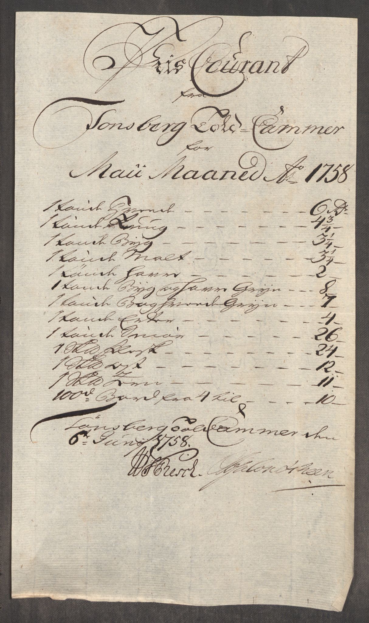 Rentekammeret inntil 1814, Realistisk ordnet avdeling, AV/RA-EA-4070/Oe/L0006: [Ø1]: Priskuranter, 1758-1760, s. 172