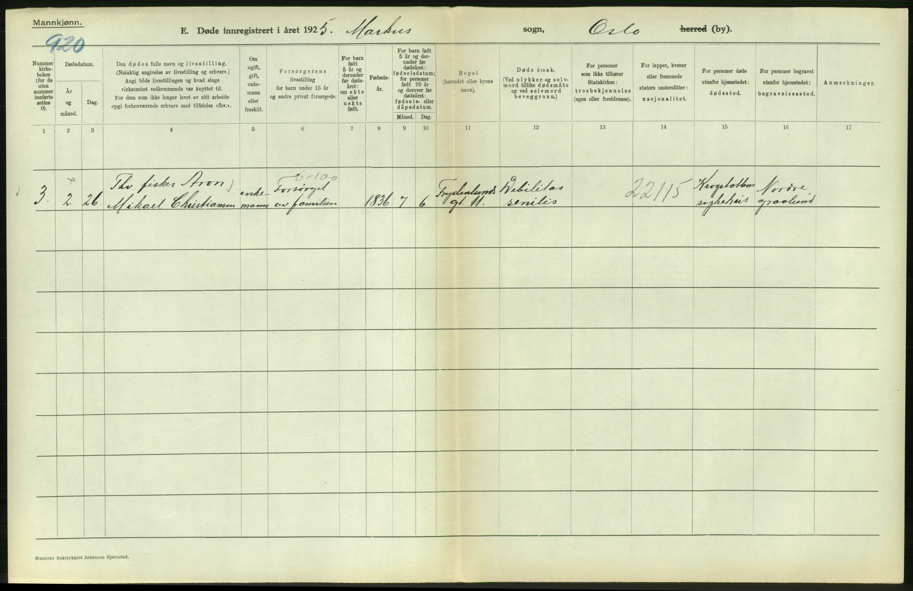 Statistisk sentralbyrå, Sosiodemografiske emner, Befolkning, AV/RA-S-2228/D/Df/Dfc/Dfce/L0009: Oslo: Døde menn, 1925, s. 352