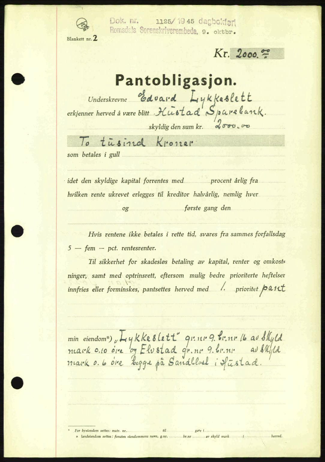 Romsdal sorenskriveri, SAT/A-4149/1/2/2C: Pantebok nr. B2, 1939-1945, Dagboknr: 1125/1945