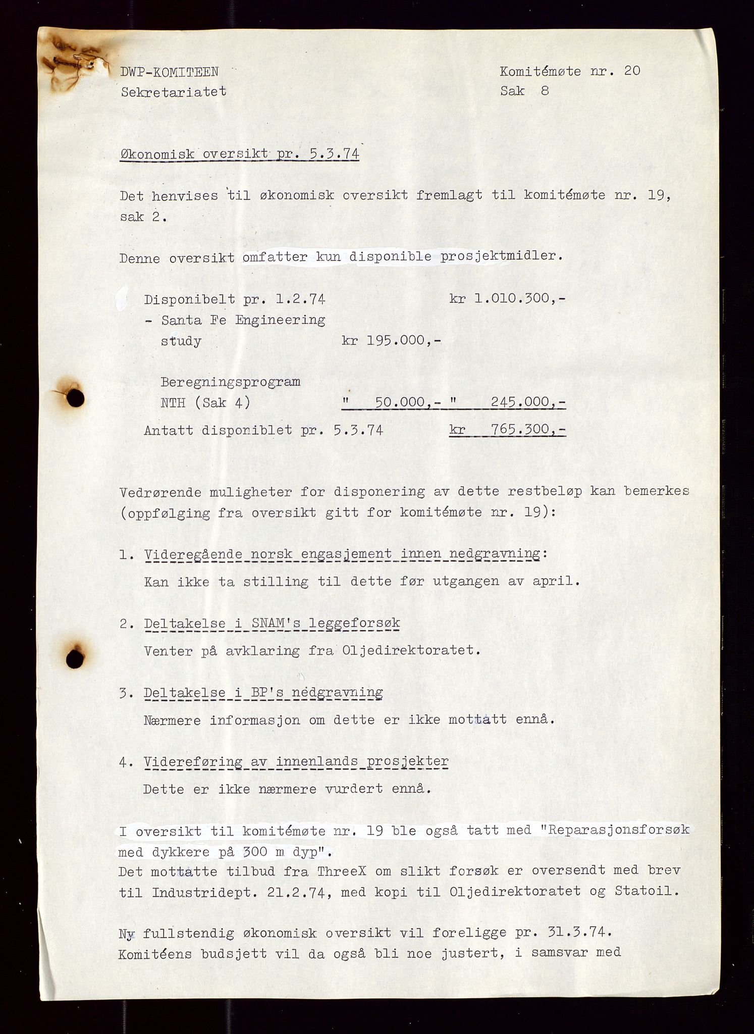 Industridepartementet, Oljekontoret, AV/SAST-A-101348/Di/L0001: DWP, møter juni - november, komiteemøter nr. 19 - 26, 1973-1974, s. 110