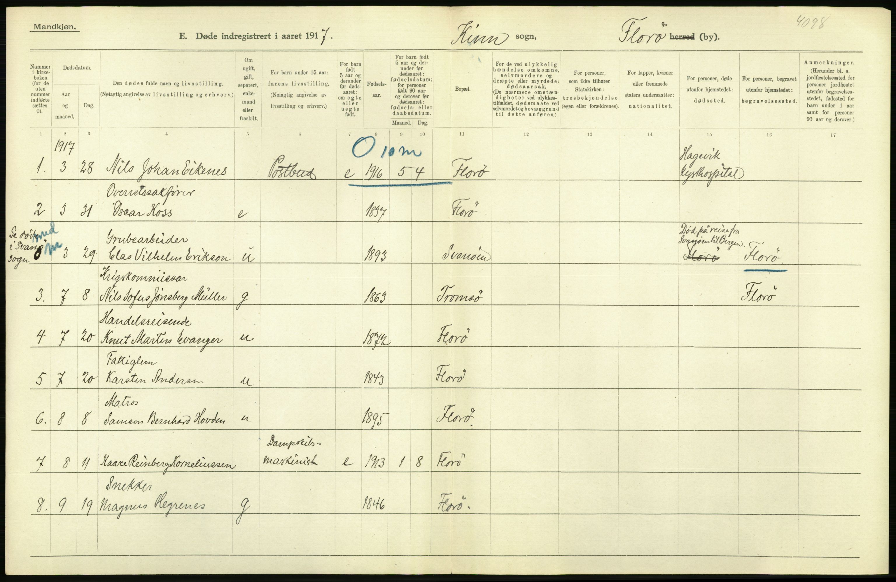 Statistisk sentralbyrå, Sosiodemografiske emner, Befolkning, AV/RA-S-2228/D/Df/Dfb/Dfbg/L0041: Florø by: Levendefødte menn og kvinner, gifte, døde, dødfødte., 1917, s. 20