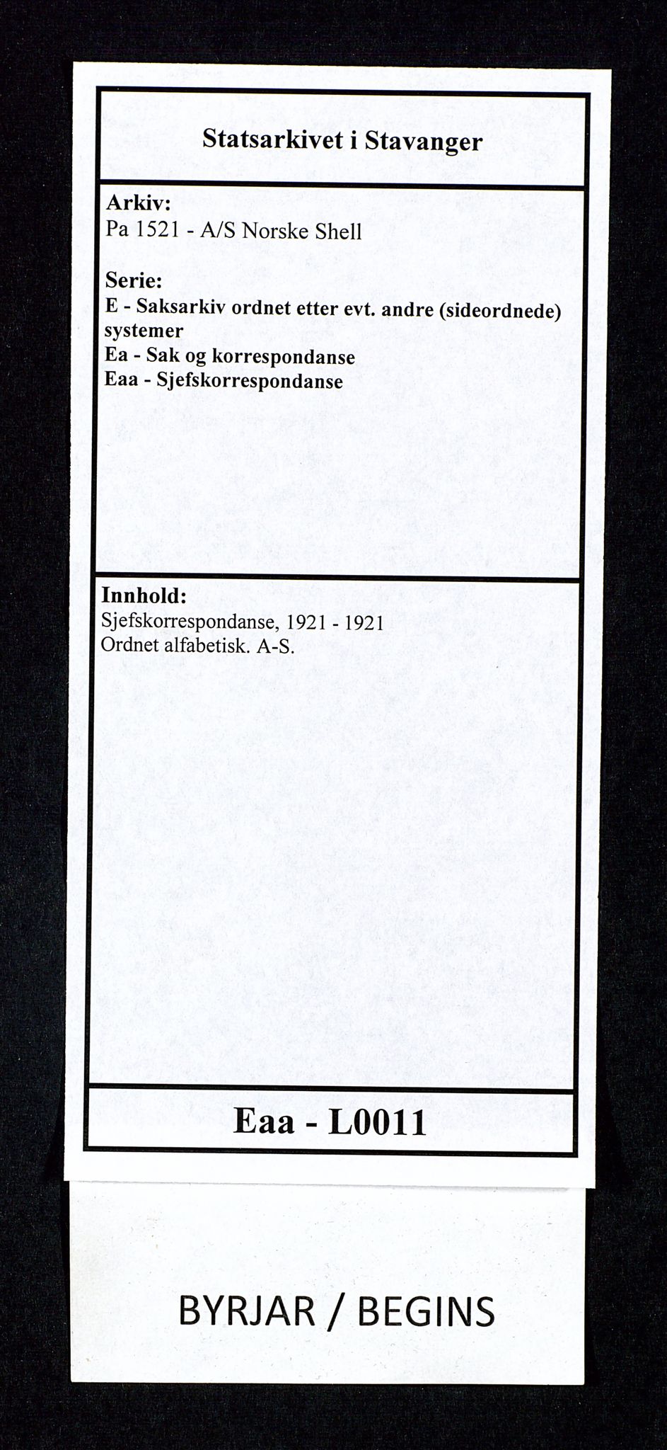Pa 1521 - A/S Norske Shell, SAST/A-101915/E/Ea/Eaa/L0011: Sjefskorrespondanse, 1921, s. 1