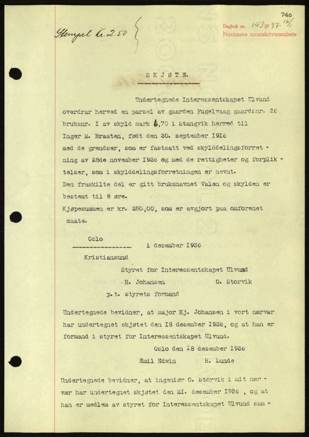Nordmøre sorenskriveri, SAT/A-4132/1/2/2Ca: Pantebok nr. A80, 1936-1937, Dagboknr: 143/1937