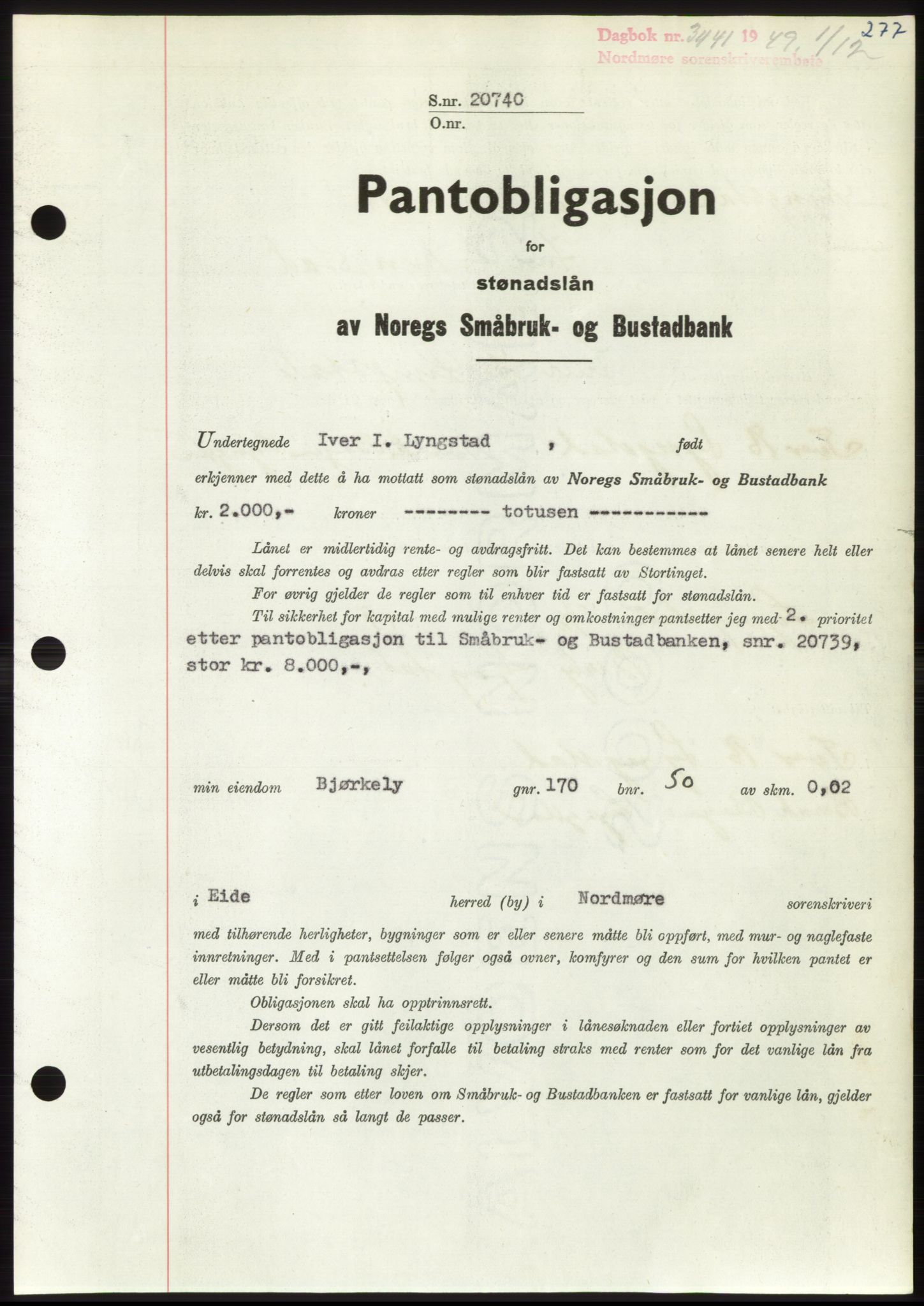 Nordmøre sorenskriveri, SAT/A-4132/1/2/2Ca: Pantebok nr. B103, 1949-1950, Dagboknr: 3441/1949