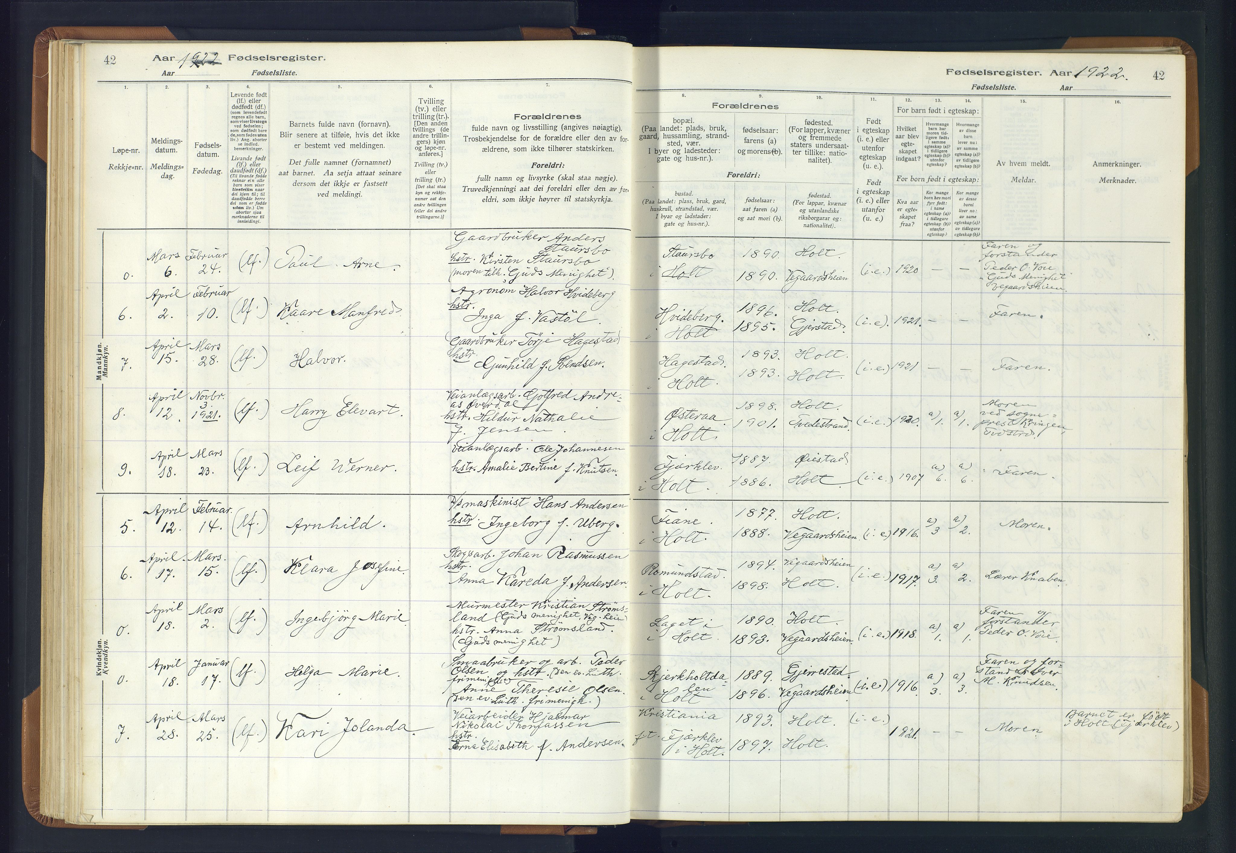 Holt sokneprestkontor, AV/SAK-1111-0021/J/Ja/L0001: Fødselsregister nr. II.4.1, 1916-1946, s. 42