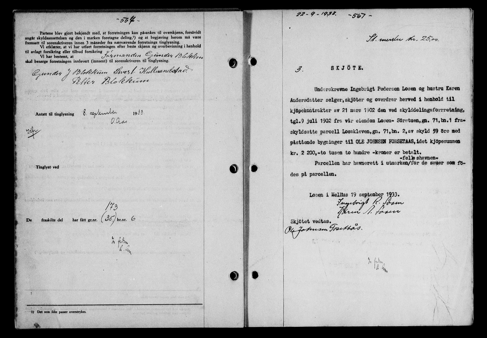 Gauldal sorenskriveri, AV/SAT-A-0014/1/2/2C/L0043: Pantebok nr. 45-46, 1933-1934, Tingl.dato: 22.09.1933