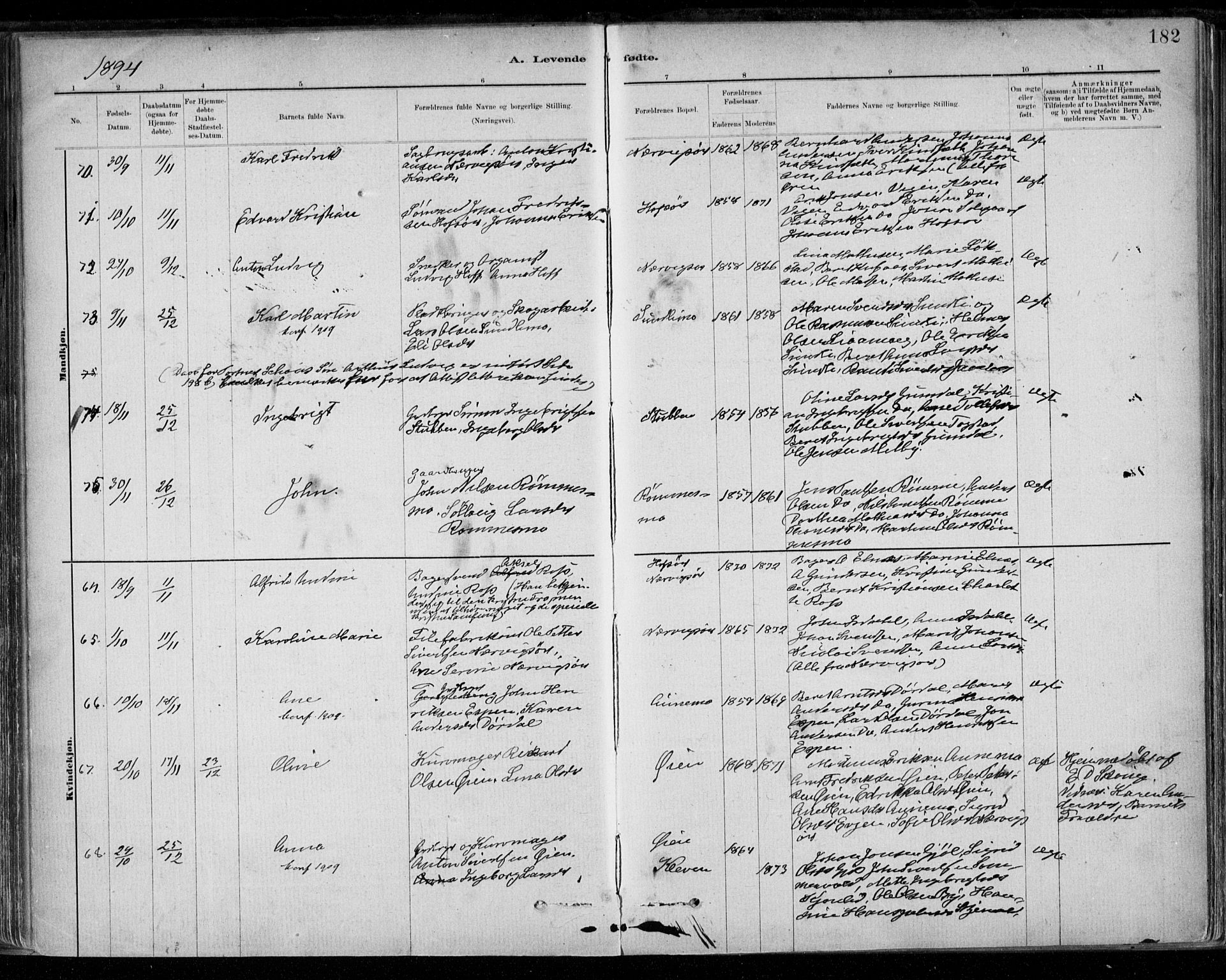 Ministerialprotokoller, klokkerbøker og fødselsregistre - Sør-Trøndelag, SAT/A-1456/668/L0809: Ministerialbok nr. 668A09, 1881-1895, s. 182