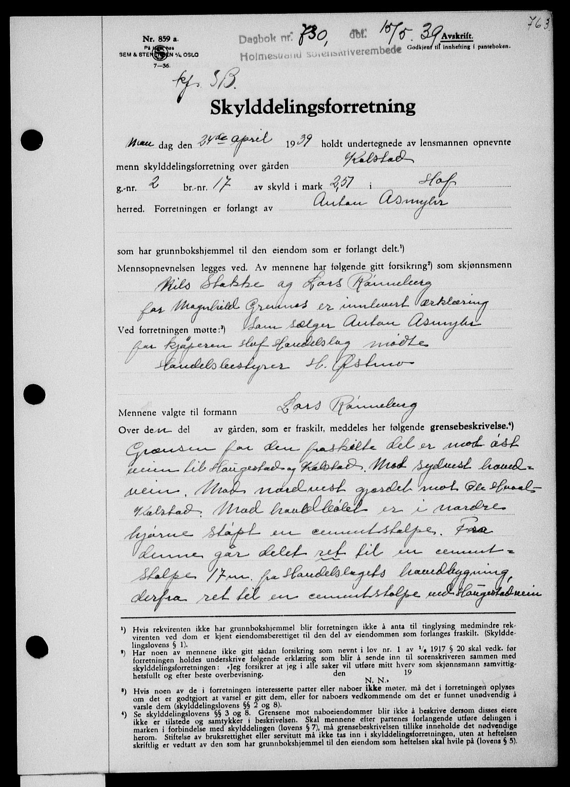 Holmestrand sorenskriveri, SAKO/A-67/G/Ga/Gaa/L0050: Pantebok nr. A-50, 1938-1939, Dagboknr: 730/1939