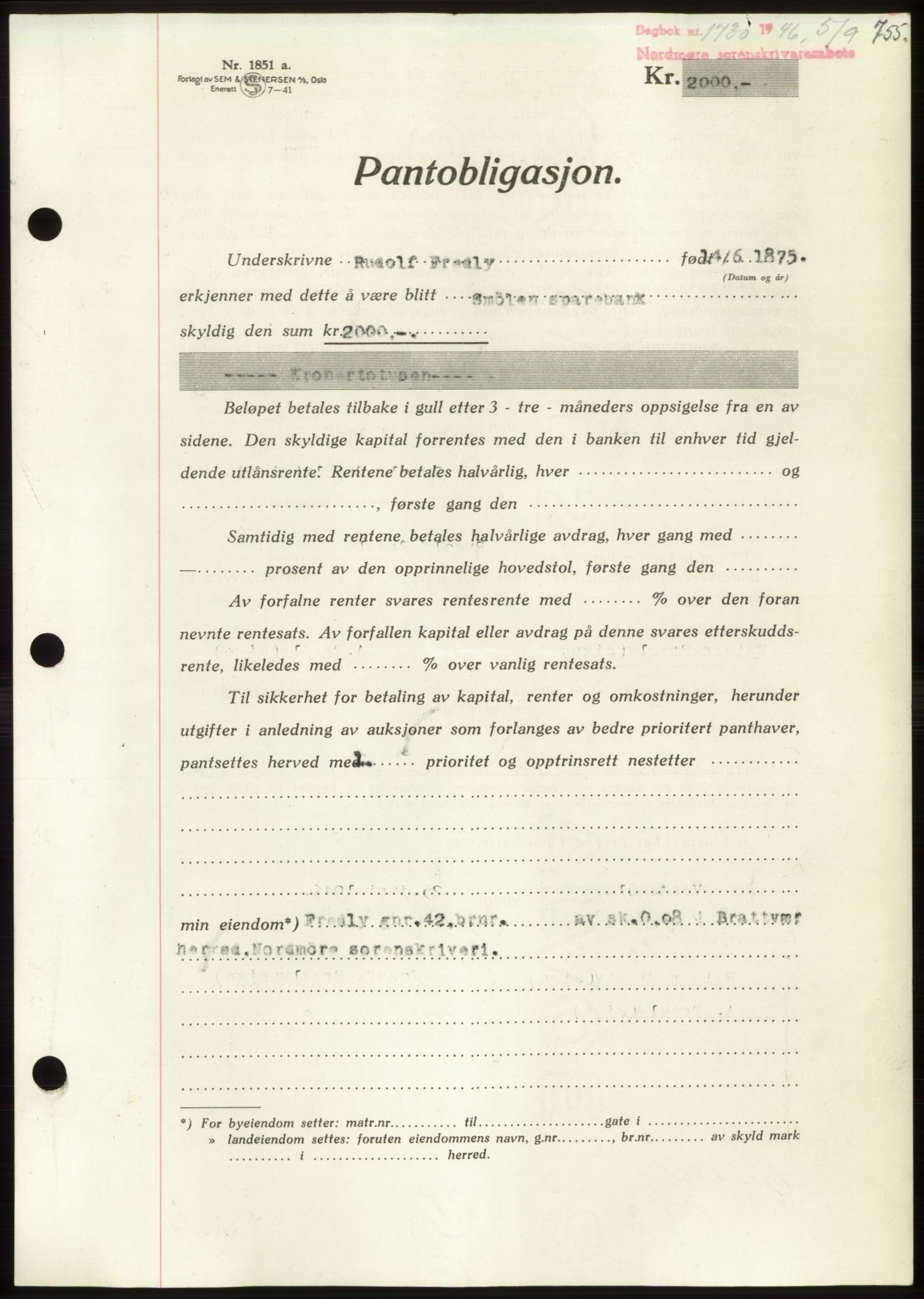 Nordmøre sorenskriveri, SAT/A-4132/1/2/2Ca: Pantebok nr. B94, 1946-1946, Dagboknr: 1730/1946