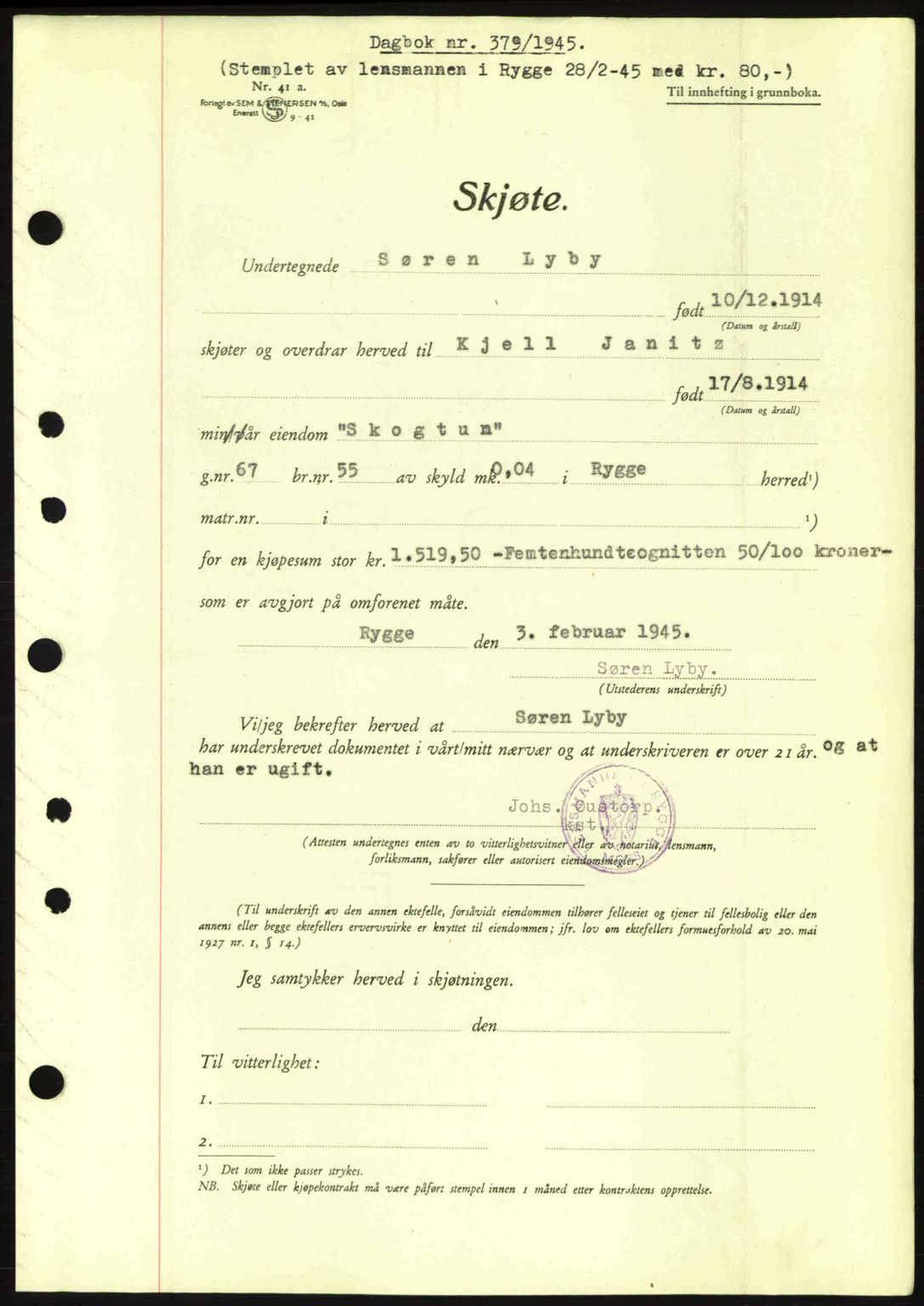 Moss sorenskriveri, SAO/A-10168: Pantebok nr. A13, 1944-1945, Dagboknr: 379/1945