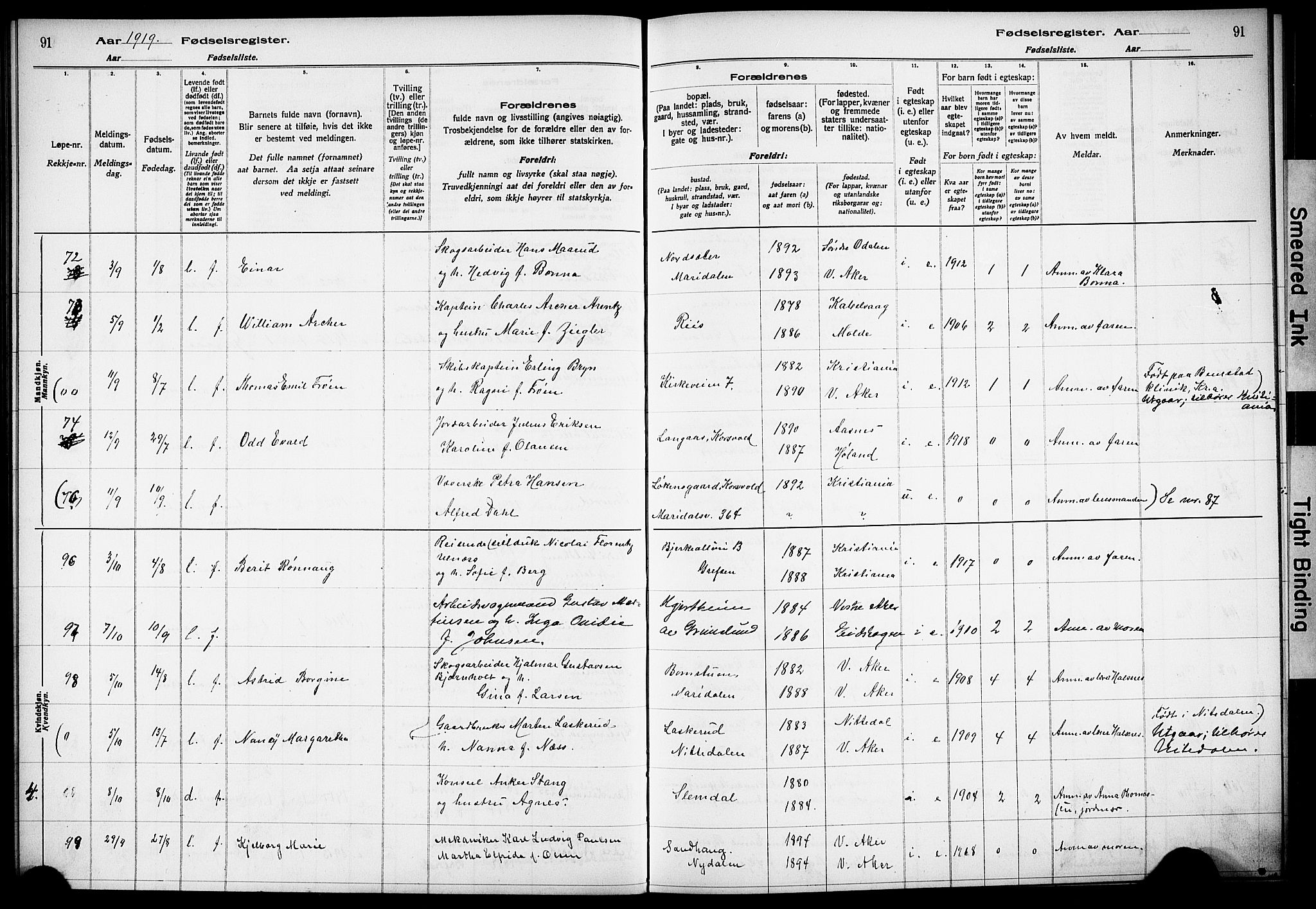 Vestre Aker prestekontor Kirkebøker, AV/SAO-A-10025/J/Ja/L0001: Fødselsregister nr. 1, 1916-1922, s. 91