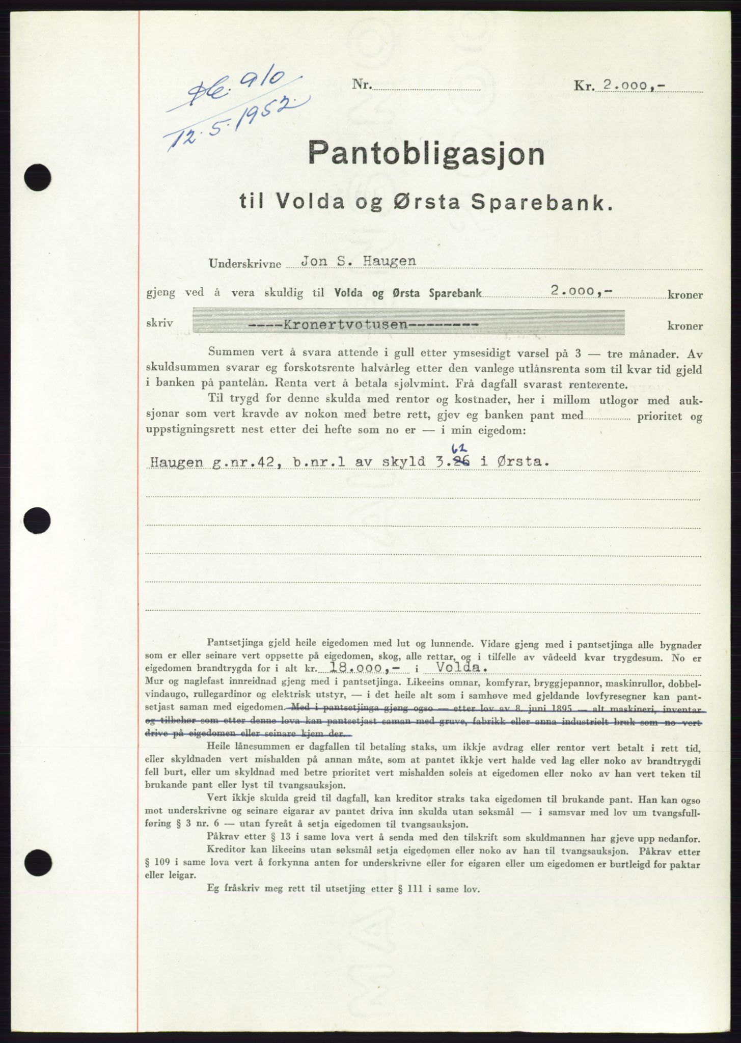 Søre Sunnmøre sorenskriveri, AV/SAT-A-4122/1/2/2C/L0121: Pantebok nr. 9B, 1951-1952, Dagboknr: 910/1952