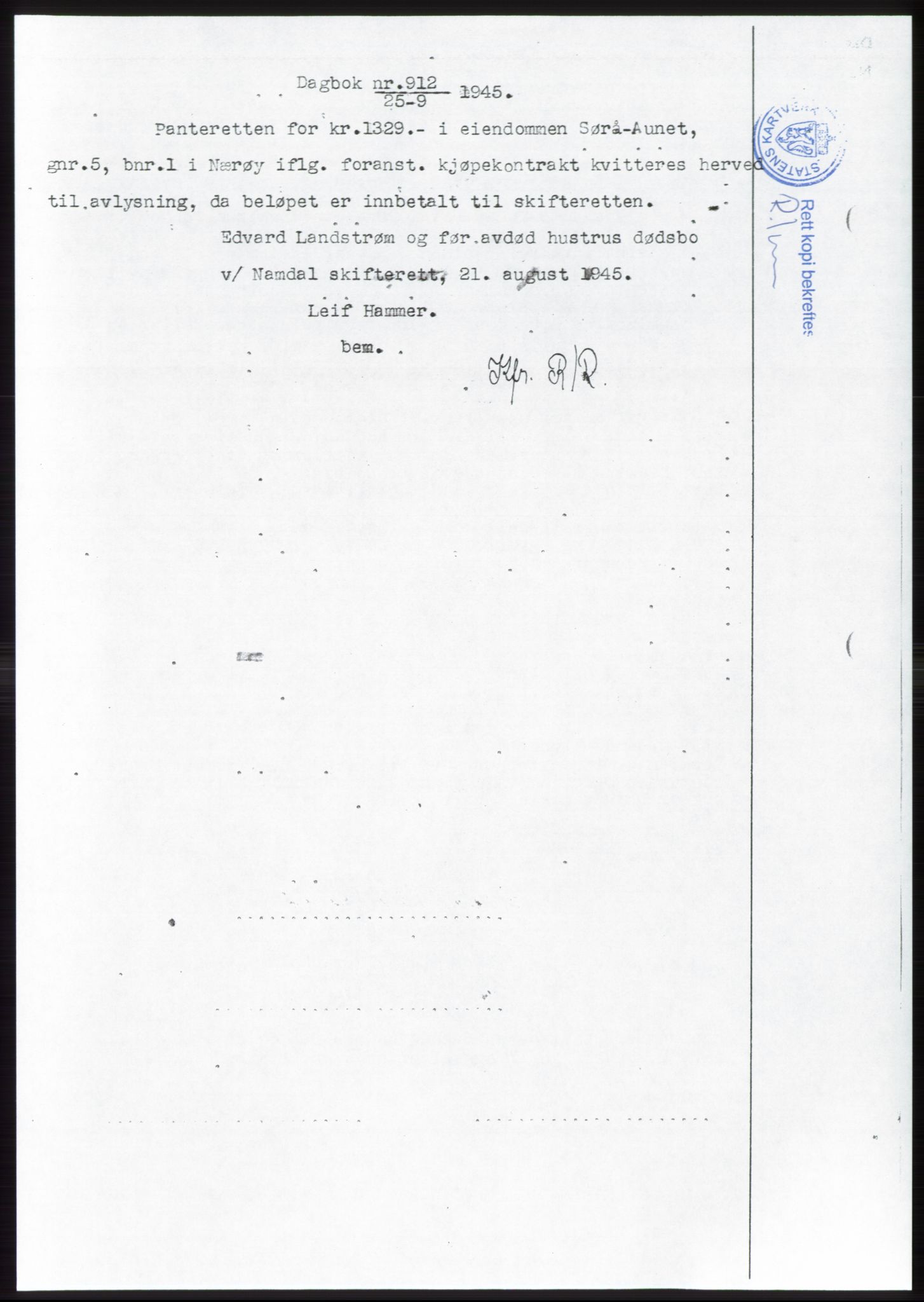 Namdal sorenskriveri, SAT/A-4133/1/2/2C: Pantebok nr. -, 1944-1945, Dagboknr: 912/1945
