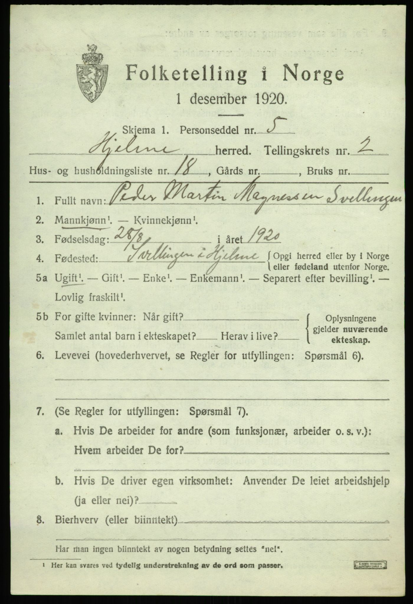SAB, Folketelling 1920 for 1259 Hjelme herred, 1920, s. 1302