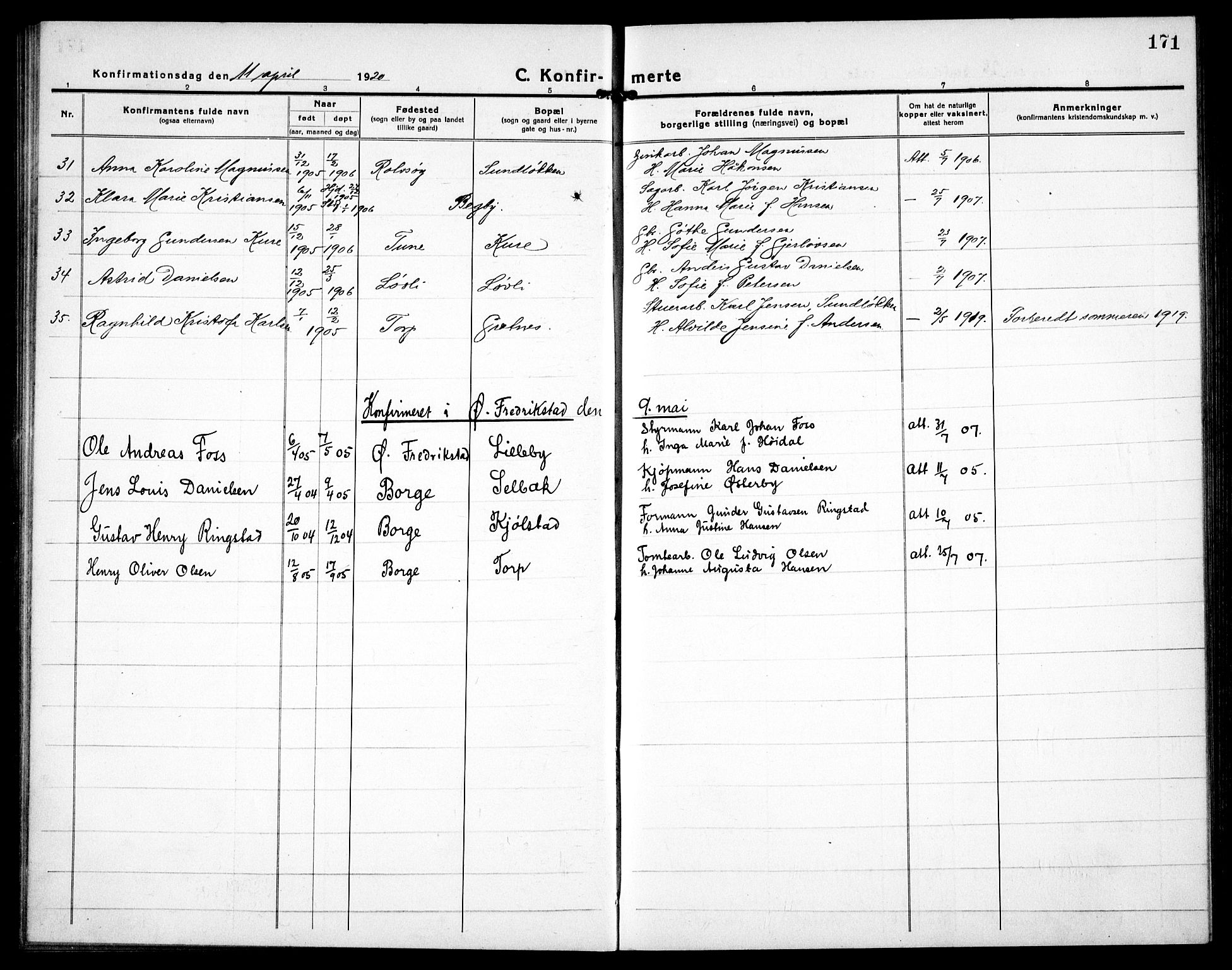 Borge prestekontor Kirkebøker, AV/SAO-A-10903/G/Ga/L0003: Klokkerbok nr. I 3, 1918-1939, s. 171