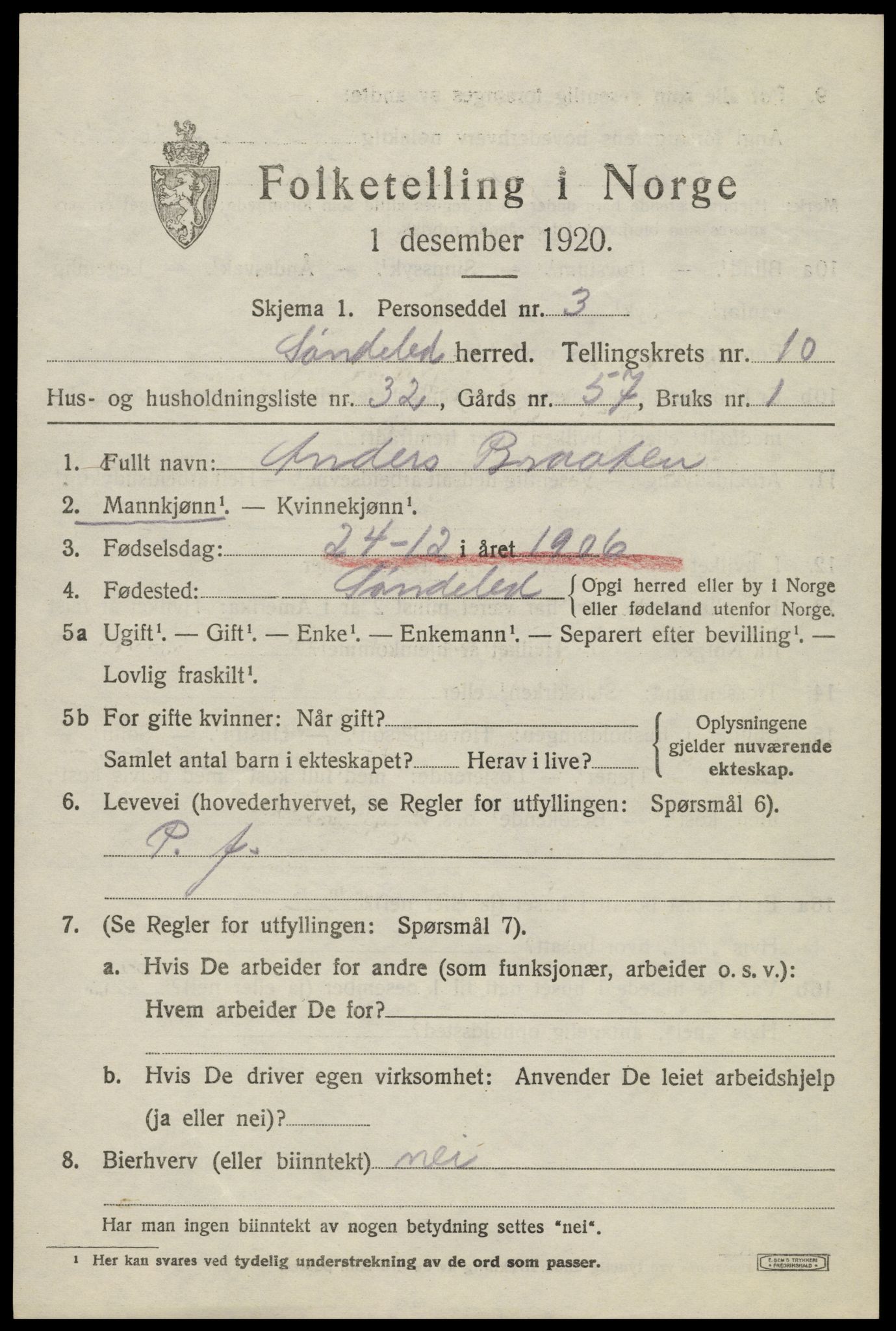 SAK, Folketelling 1920 for 0913 Søndeled herred, 1920, s. 5327