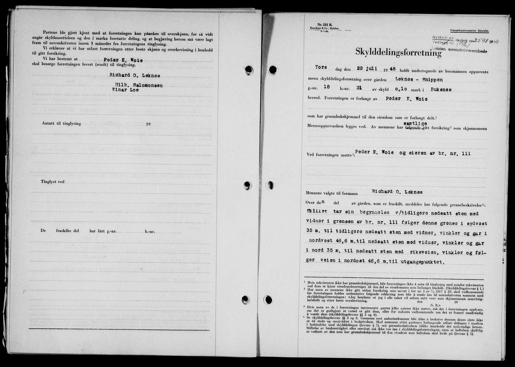 Lofoten sorenskriveri, SAT/A-0017/1/2/2C/L0019a: Pantebok nr. 19a, 1948-1948, Dagboknr: 2598/1948