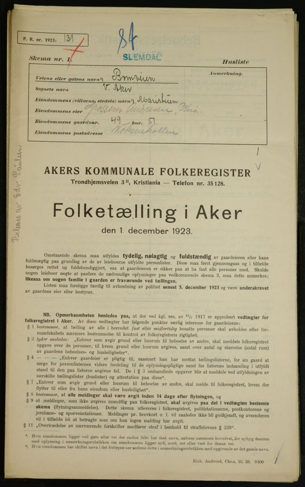 , Kommunal folketelling 1.12.1923 for Aker, 1923, s. 8282