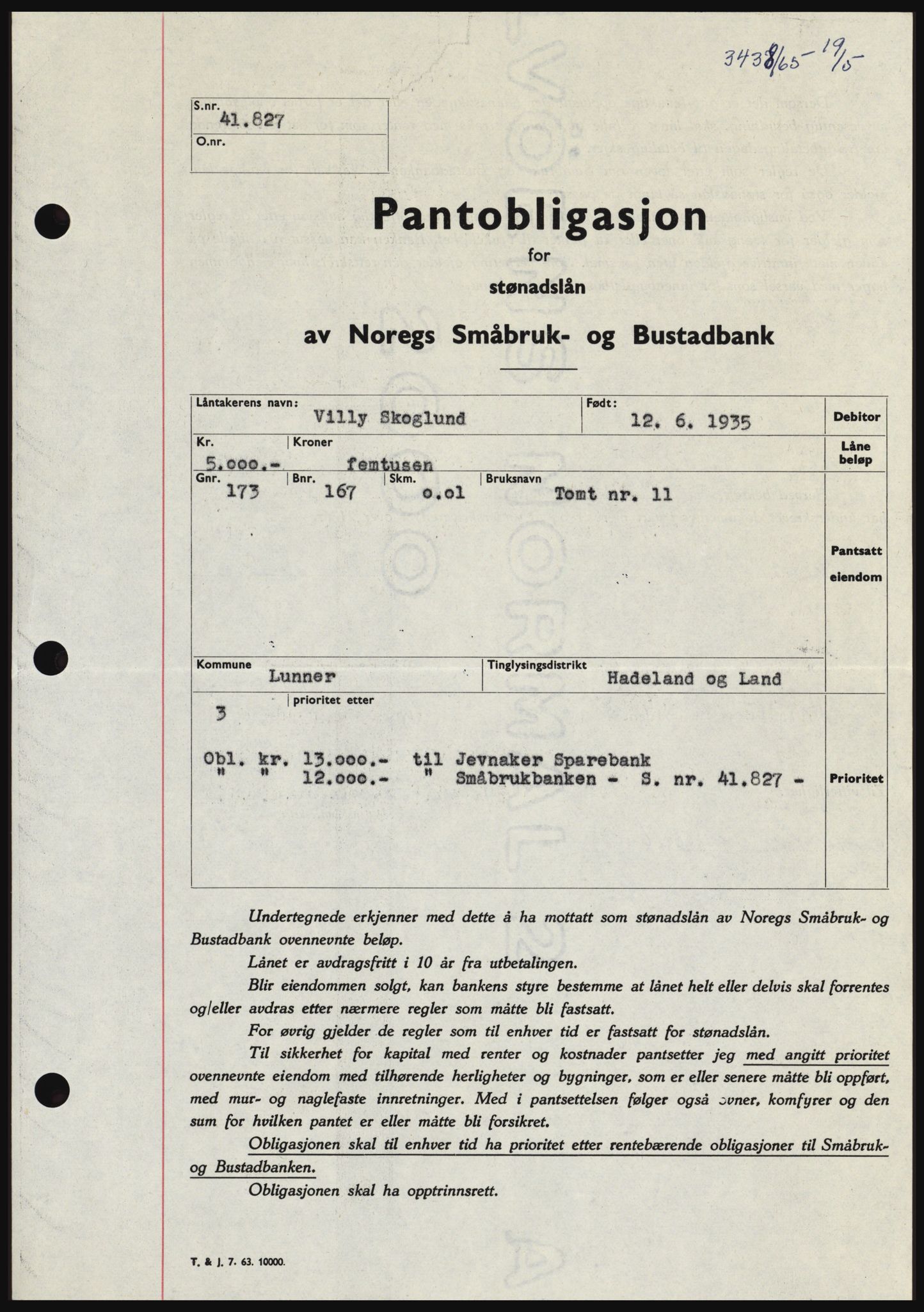 Hadeland og Land tingrett, SAH/TING-010/H/Hb/Hbc/L0058: Pantebok nr. B58, 1965-1965, Dagboknr: 2438/1965