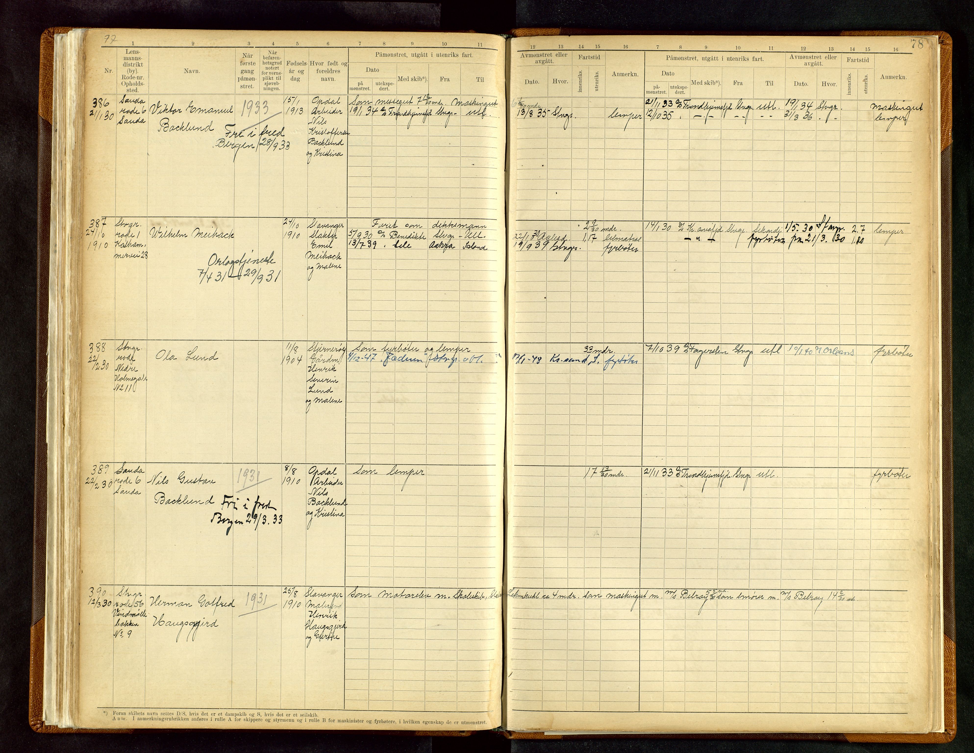 Stavanger sjømannskontor, AV/SAST-A-102006/F/Fe/L0003: Maskinist- og fyrbøterrulle, patentnr. 1-459, 1921-1948, s. 82