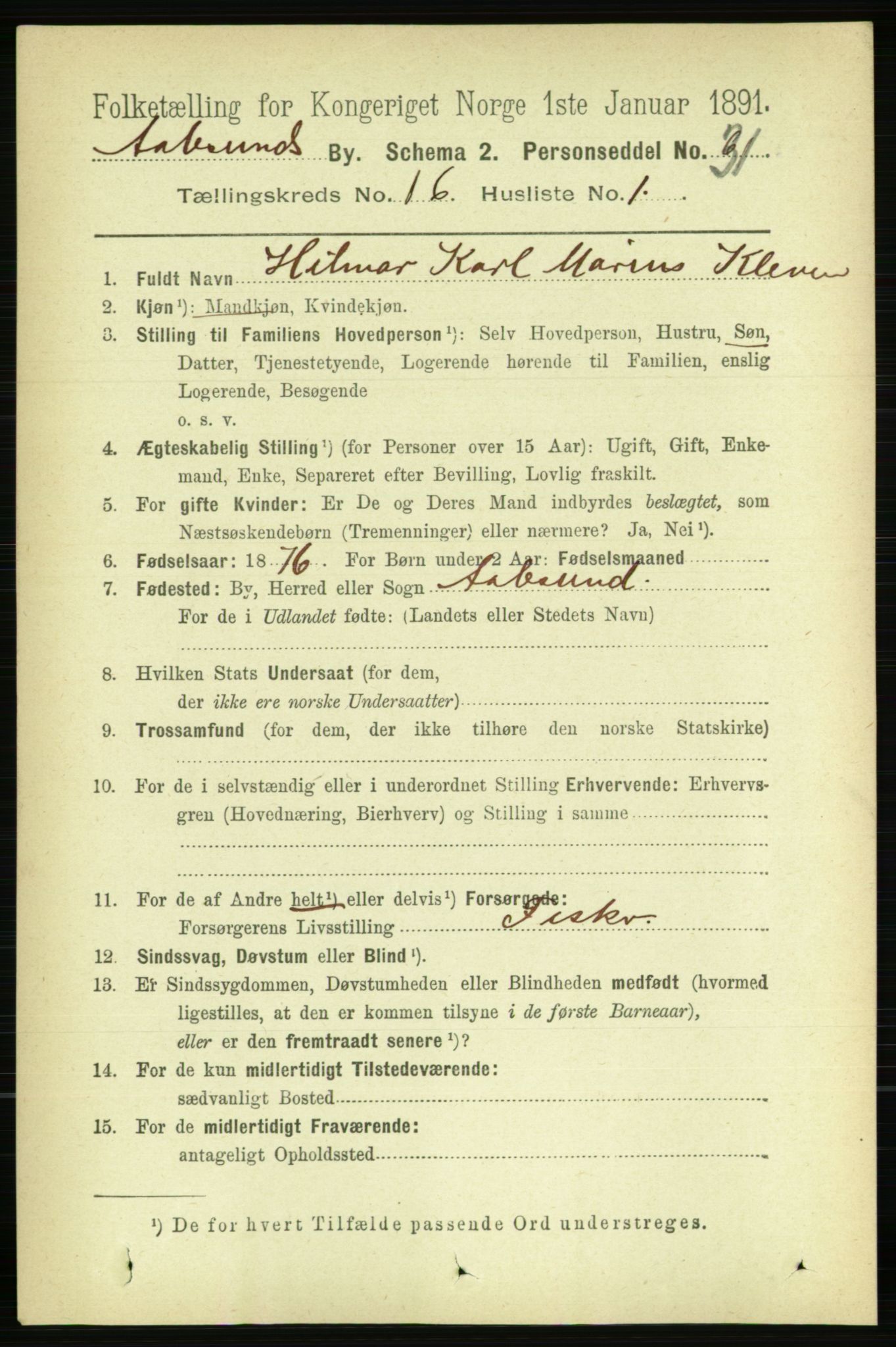 RA, Folketelling 1891 for 1501 Ålesund kjøpstad, 1891, s. 9538