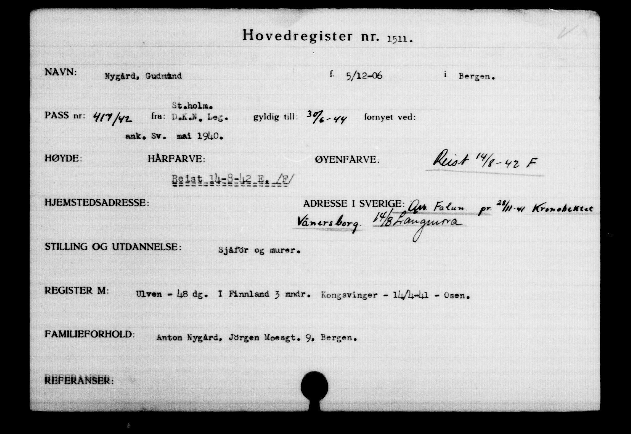Utenriksstasjonene, Legasjonen i Stockholm, Flyktningkontoret, AV/RA-S-6753/V/Va/L0002: Kjesäterkartoteket, flyktninger med registreringsnr. 1001-2000, 1940-1945, s. 720