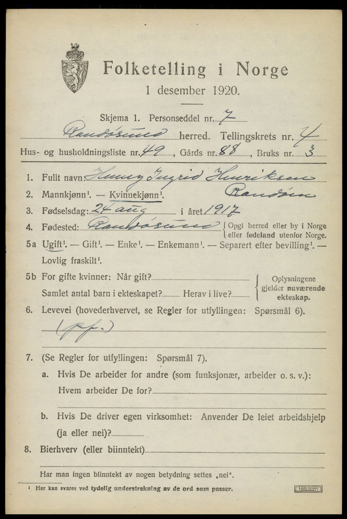 SAK, Folketelling 1920 for 1011 Randesund herred, 1920, s. 2298