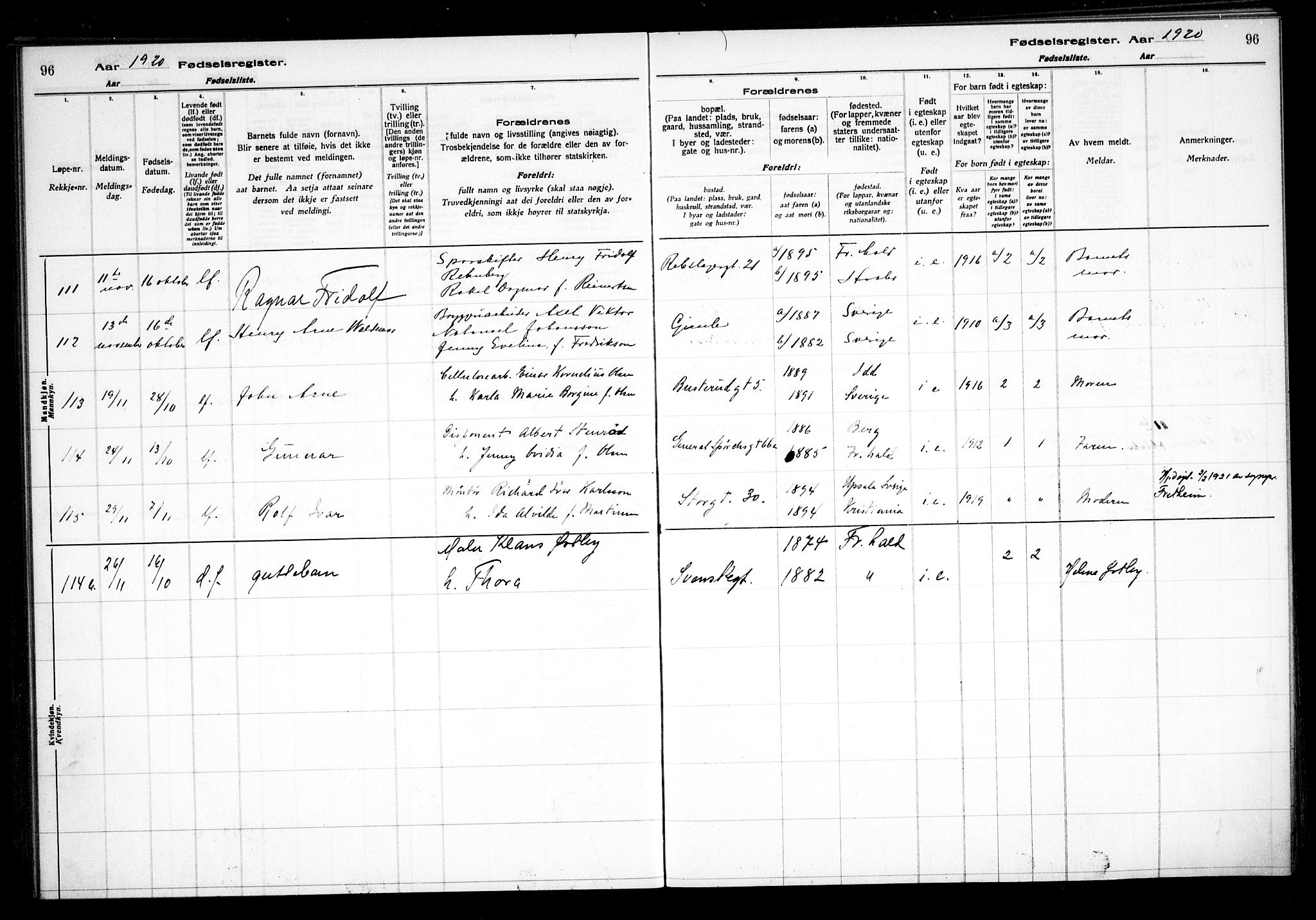 Halden prestekontor Kirkebøker, SAO/A-10909/J/Ja/L0001: Fødselsregister nr. I 1, 1916-1925, s. 96