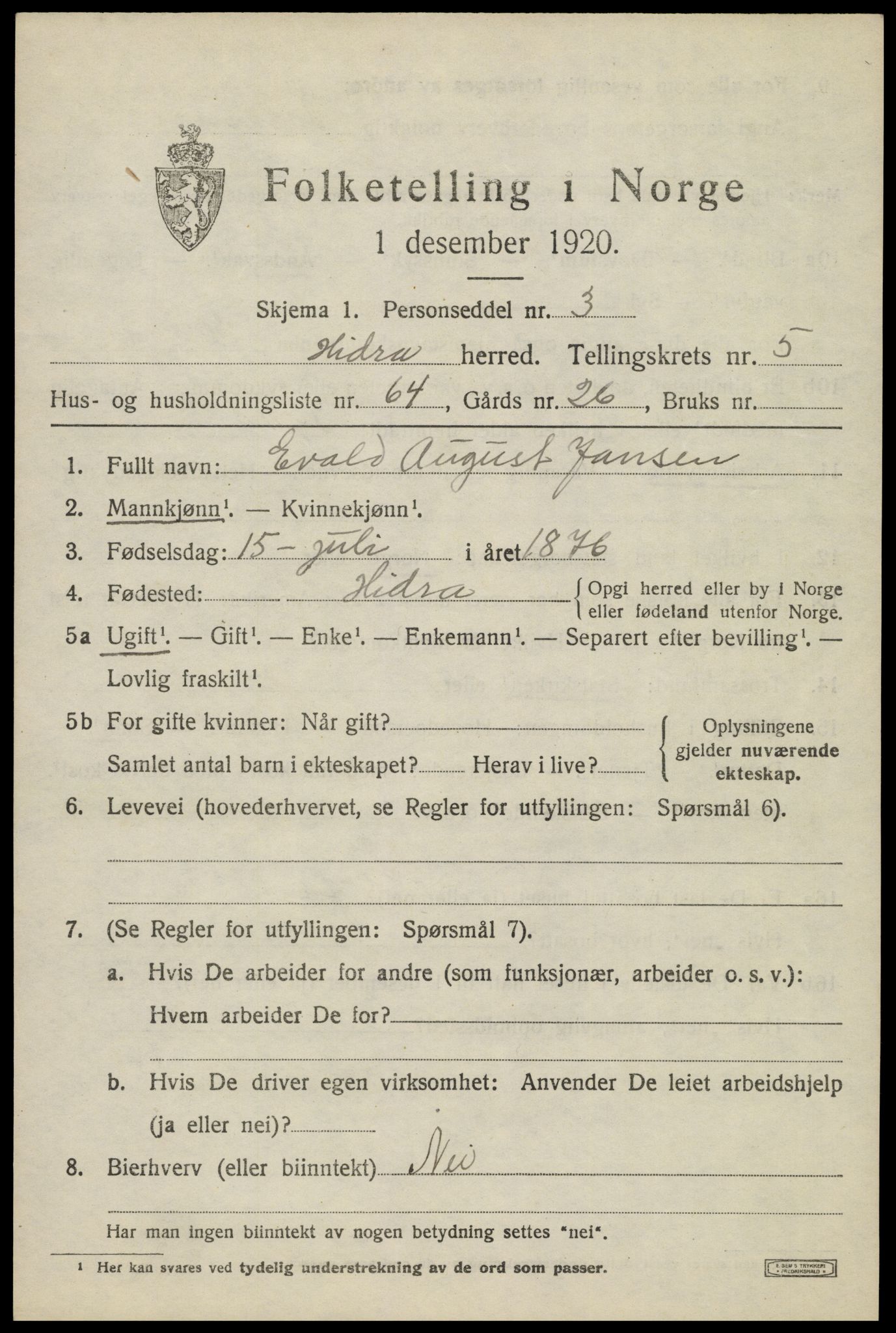 SAK, Folketelling 1920 for 1042 Hidra herred, 1920, s. 4060