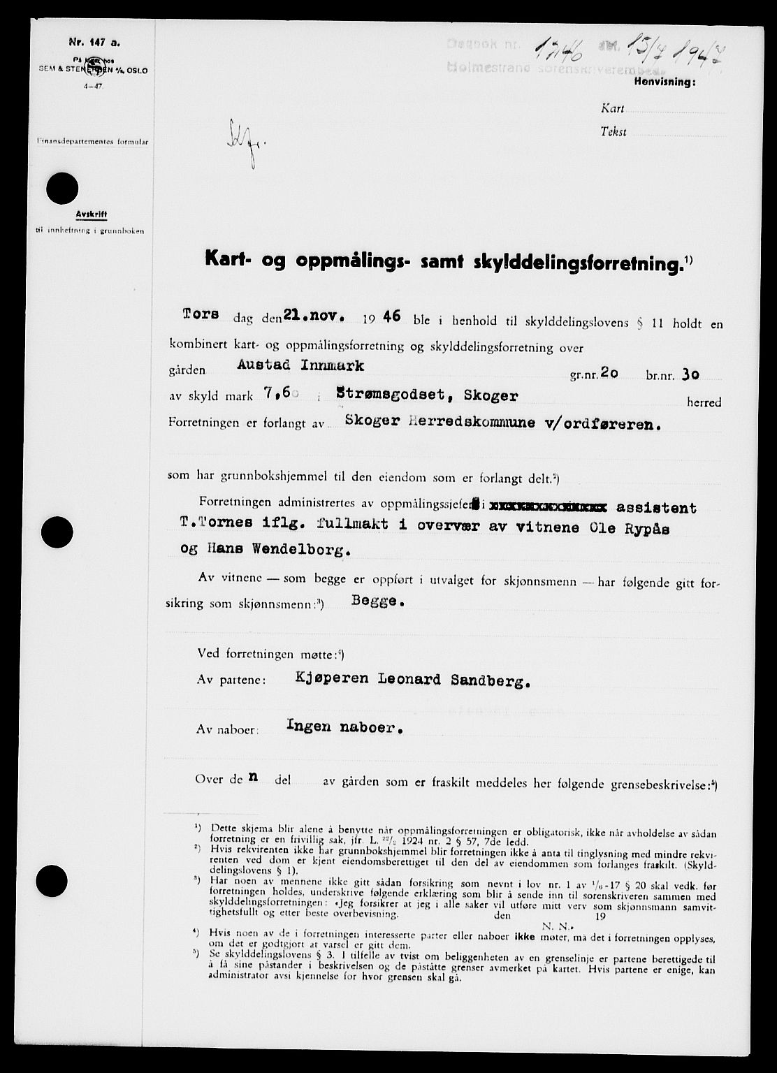Holmestrand sorenskriveri, SAKO/A-67/G/Ga/Gaa/L0062: Pantebok nr. A-62, 1947-1947, Dagboknr: 1246/1947