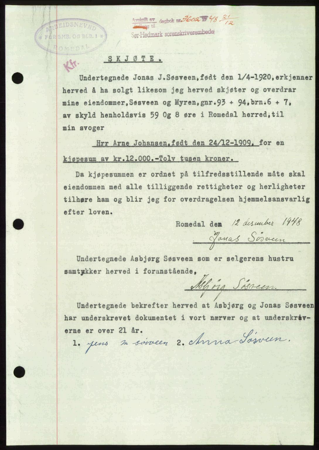 Sør-Hedmark sorenskriveri, SAH/TING-014/H/Hb/Hbd/L0018: Pantebok nr. 18, 1948-1949, Dagboknr: 3602/1948