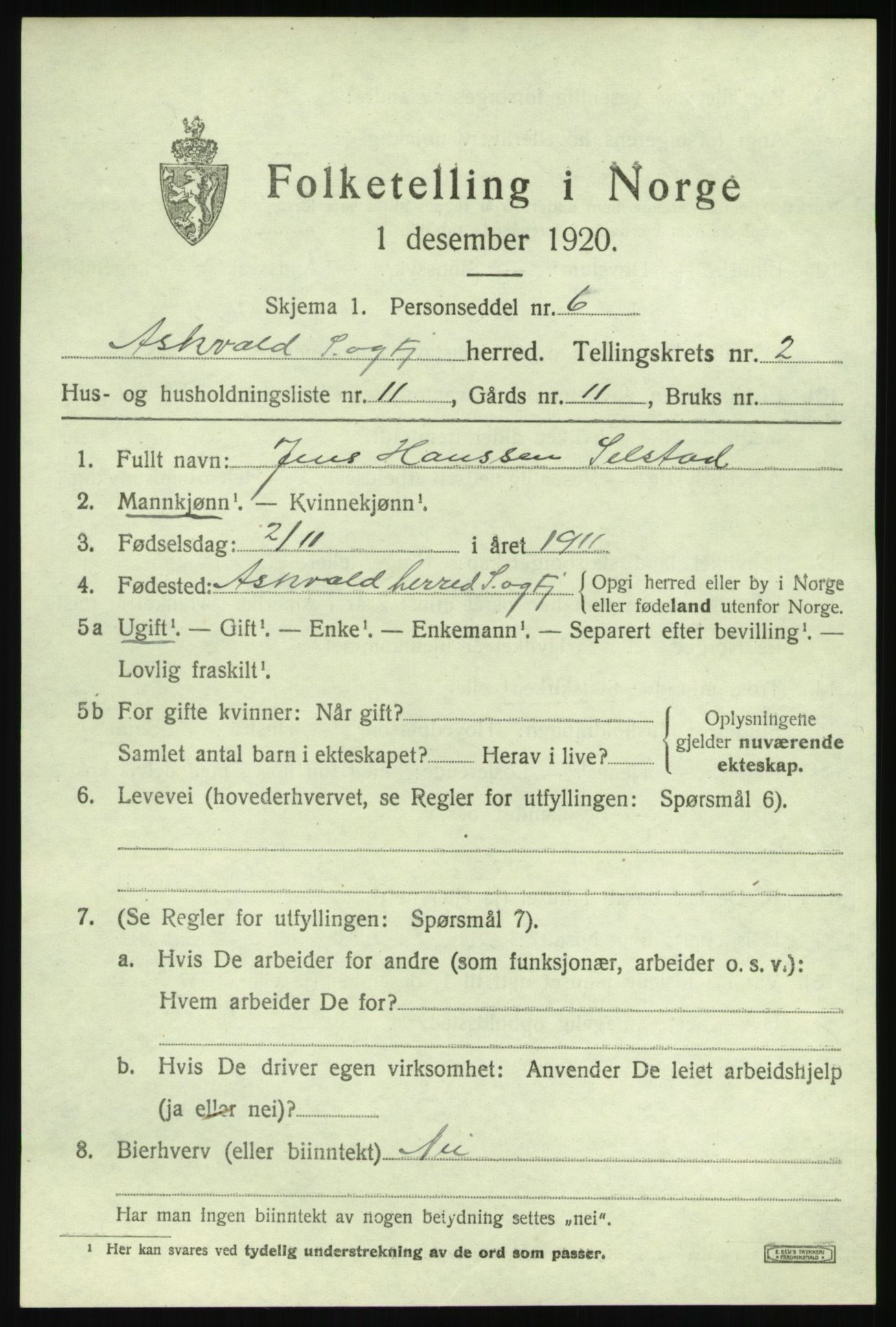 SAB, Folketelling 1920 for 1428 Askvoll herred, 1920, s. 1716