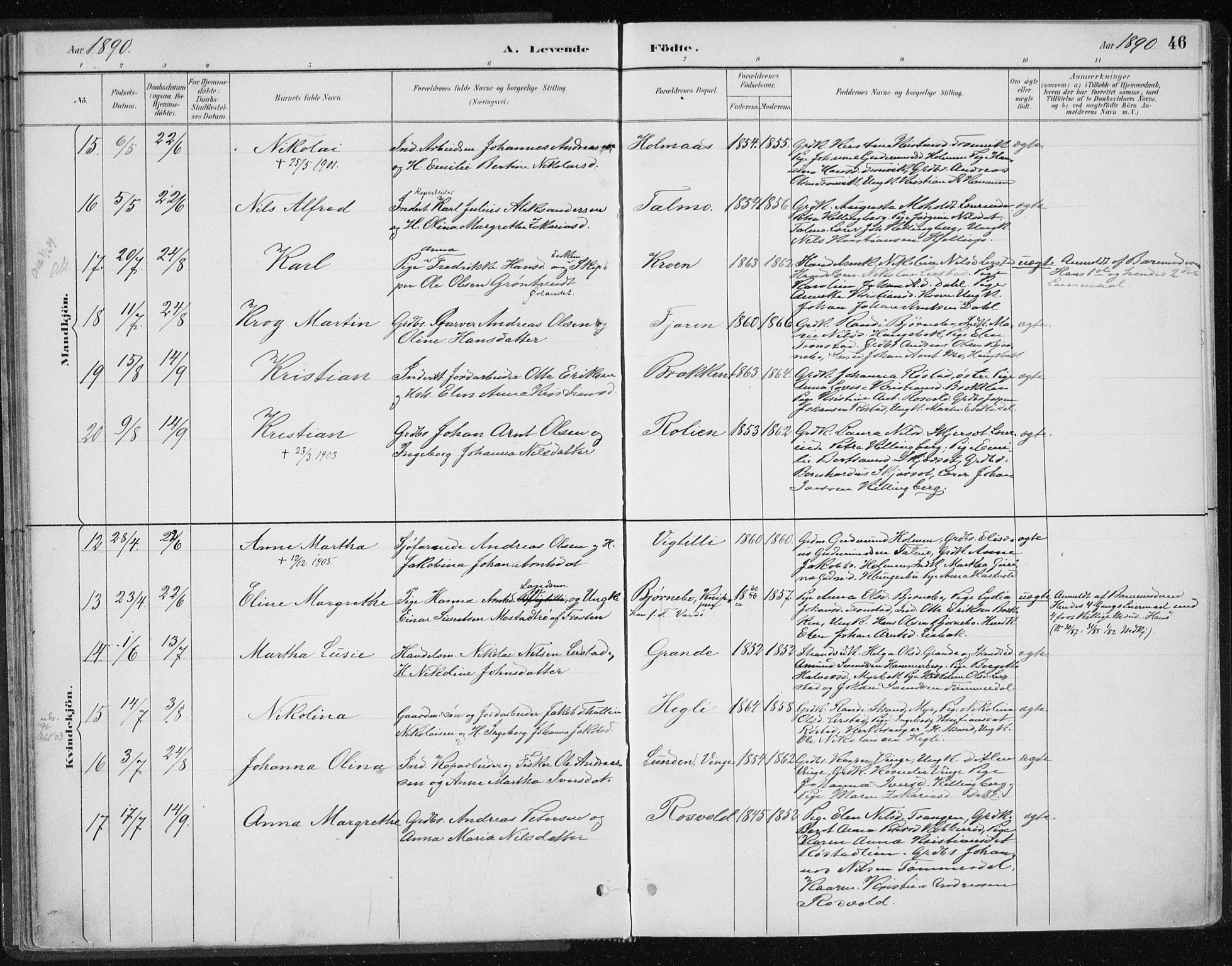 Ministerialprotokoller, klokkerbøker og fødselsregistre - Nord-Trøndelag, SAT/A-1458/701/L0010: Ministerialbok nr. 701A10, 1883-1899, s. 46