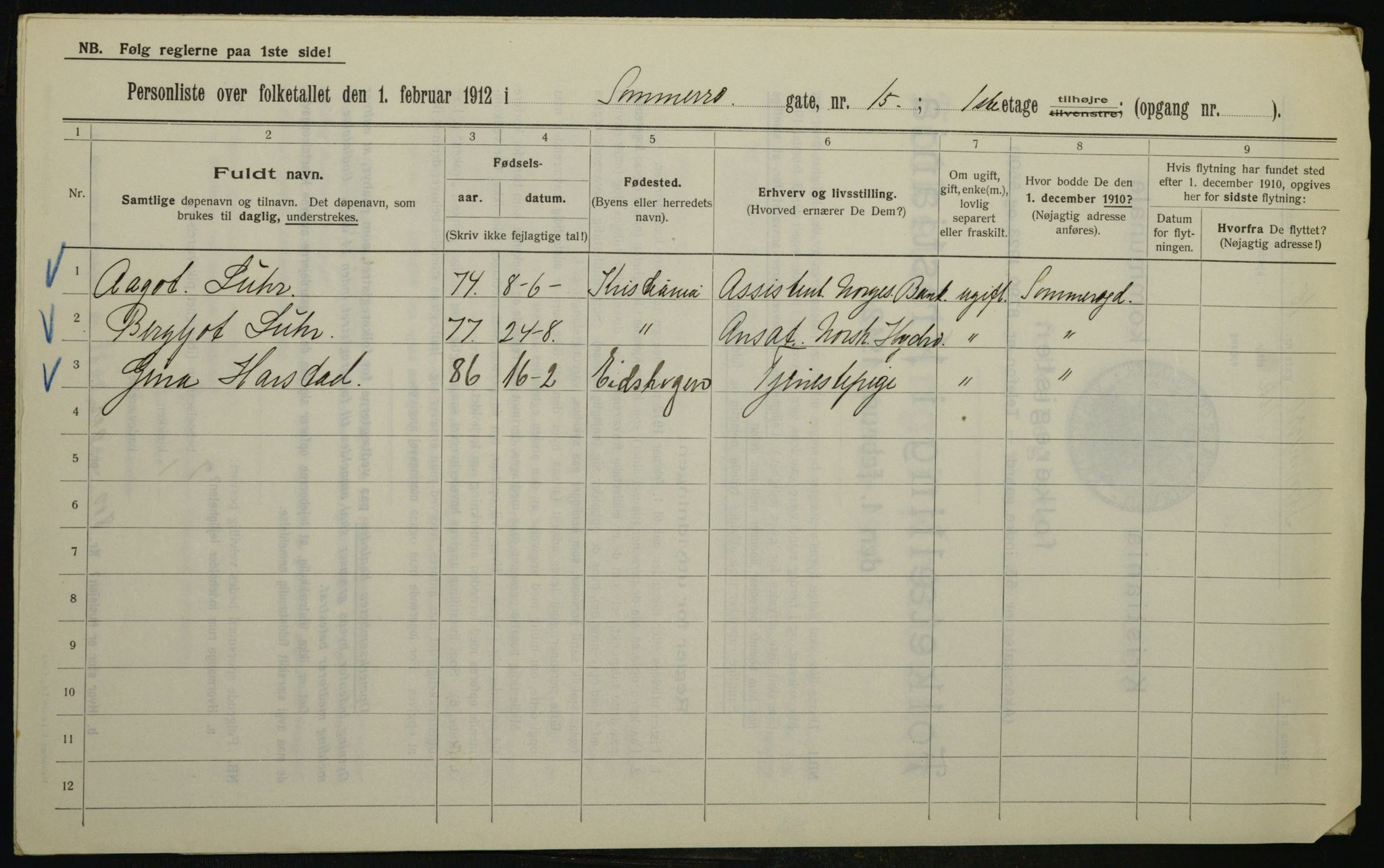 OBA, Kommunal folketelling 1.2.1912 for Kristiania, 1912, s. 100056