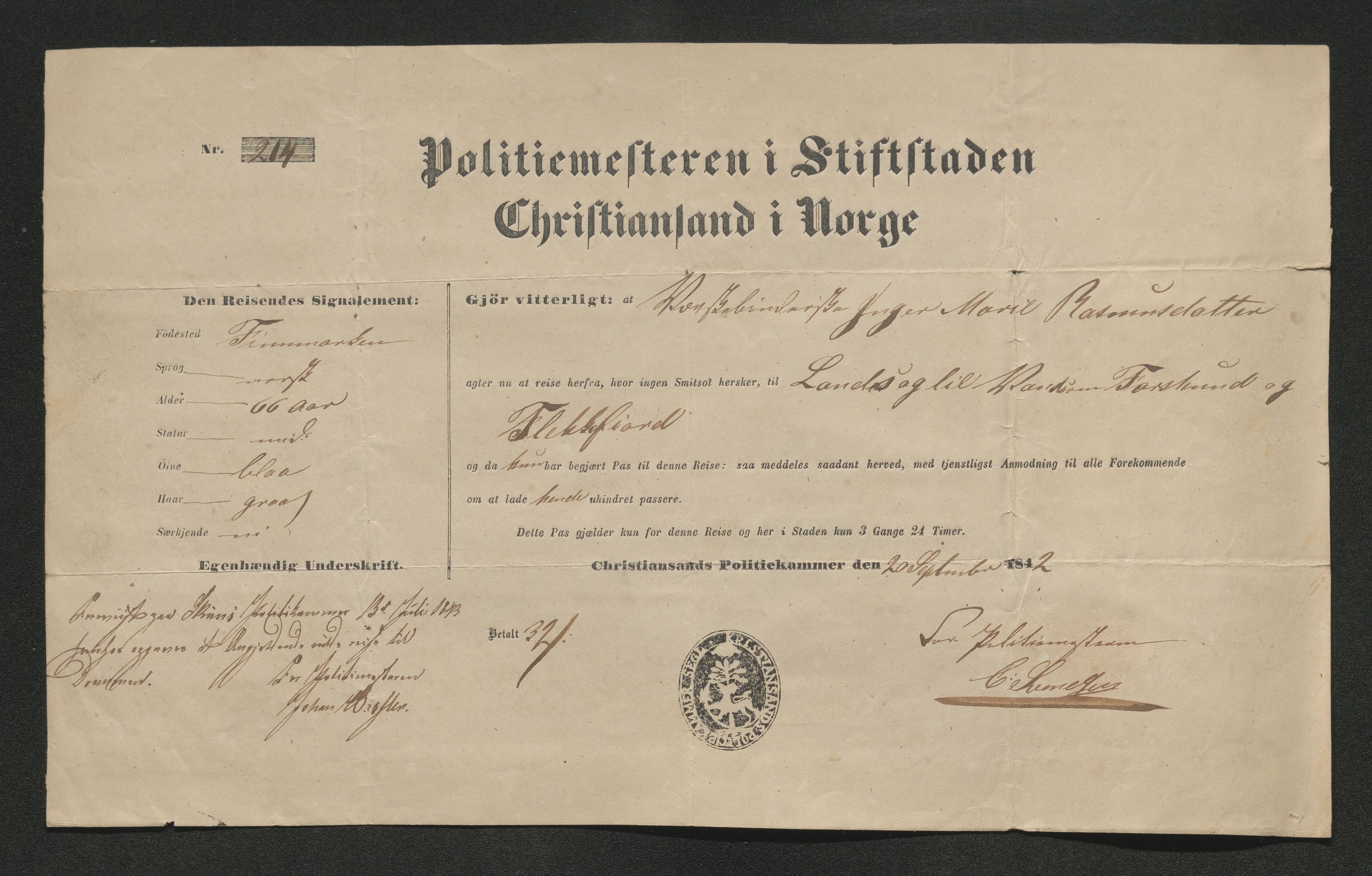 Drammen politikammer, AV/SAKO-A-623/I/Ia/Iab/L0007: Innleverte pass, 1843-1844, s. 188