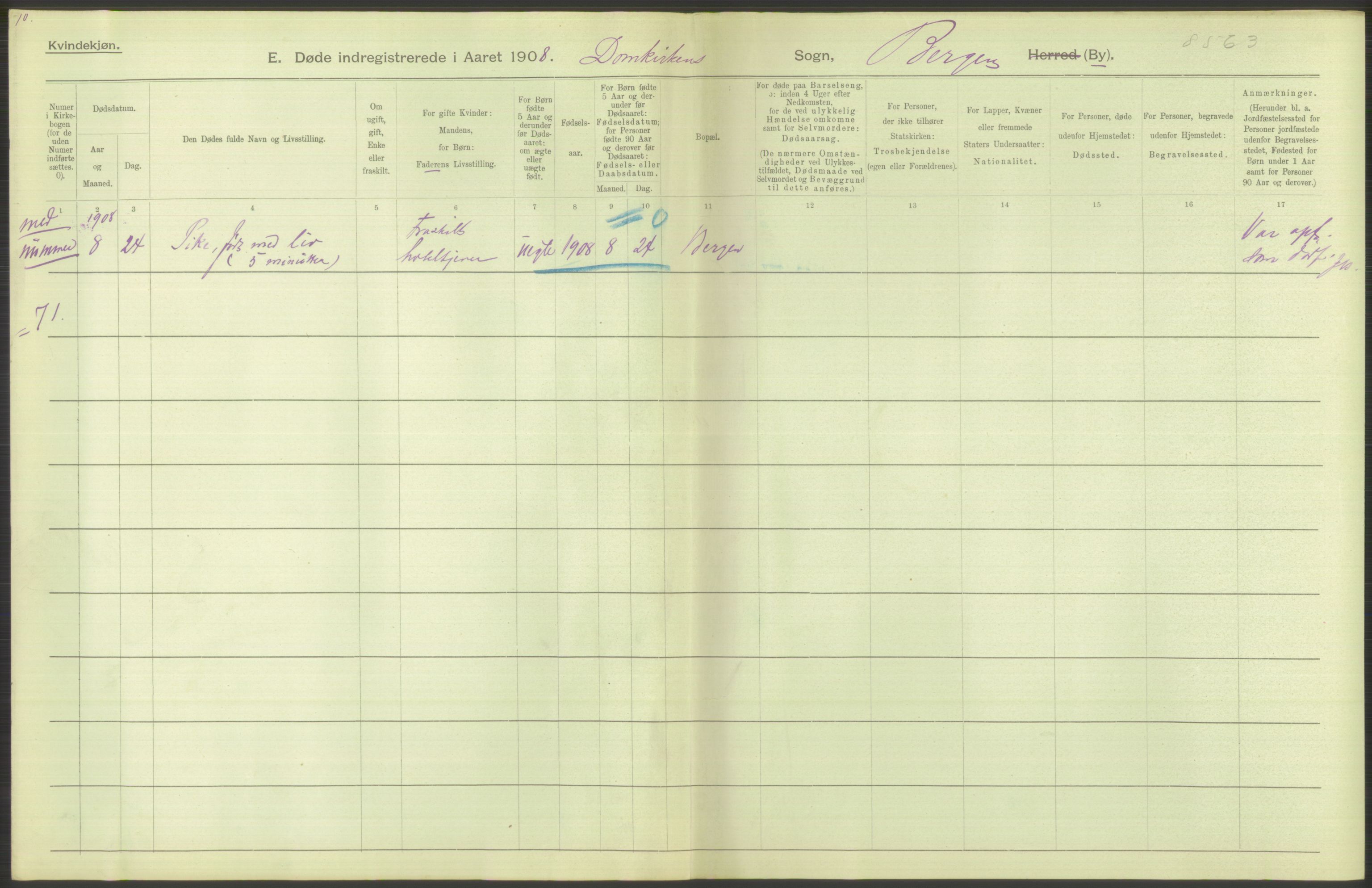 Statistisk sentralbyrå, Sosiodemografiske emner, Befolkning, AV/RA-S-2228/D/Df/Dfa/Dfaf/L0031: Bergen: Gifte, døde, dødfødte., 1908, s. 128
