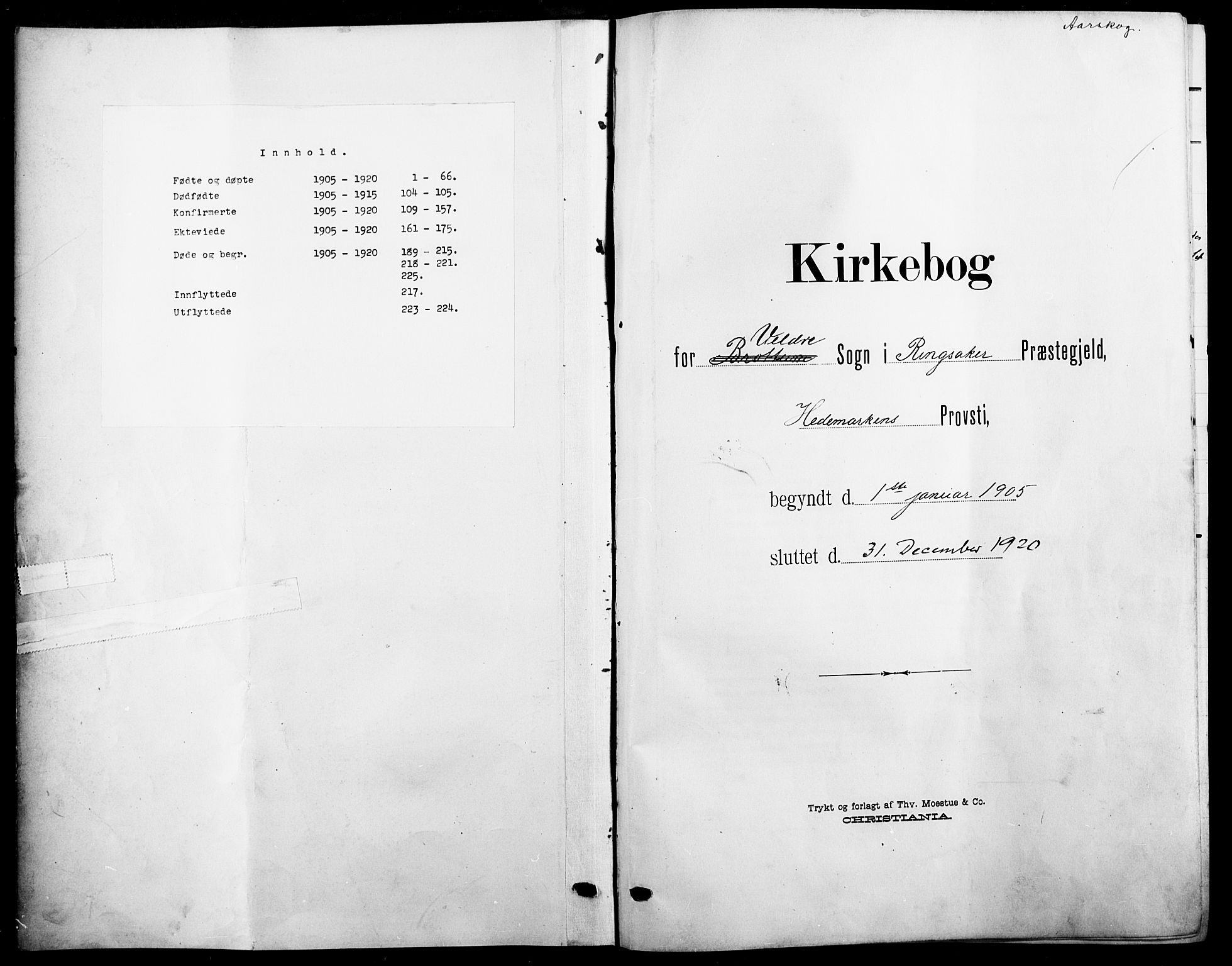 Ringsaker prestekontor, SAH/PREST-014/L/La/L0017: Klokkerbok nr. 17, 1905-1920