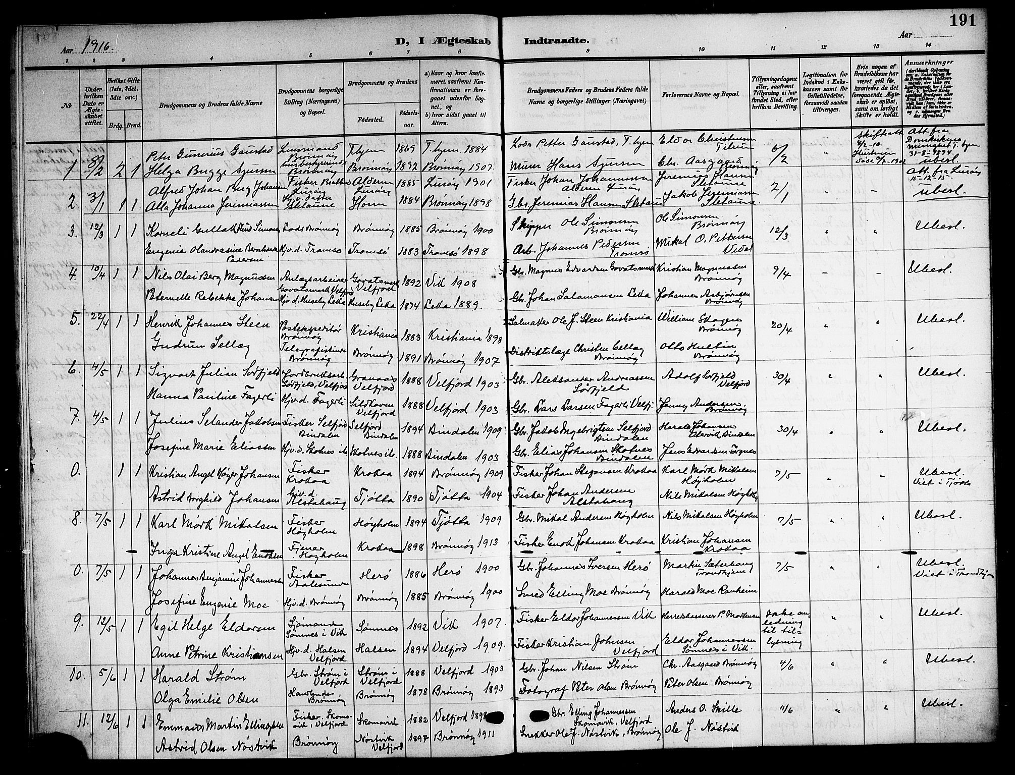 Ministerialprotokoller, klokkerbøker og fødselsregistre - Nordland, AV/SAT-A-1459/813/L0214: Klokkerbok nr. 813C06, 1904-1917, s. 191
