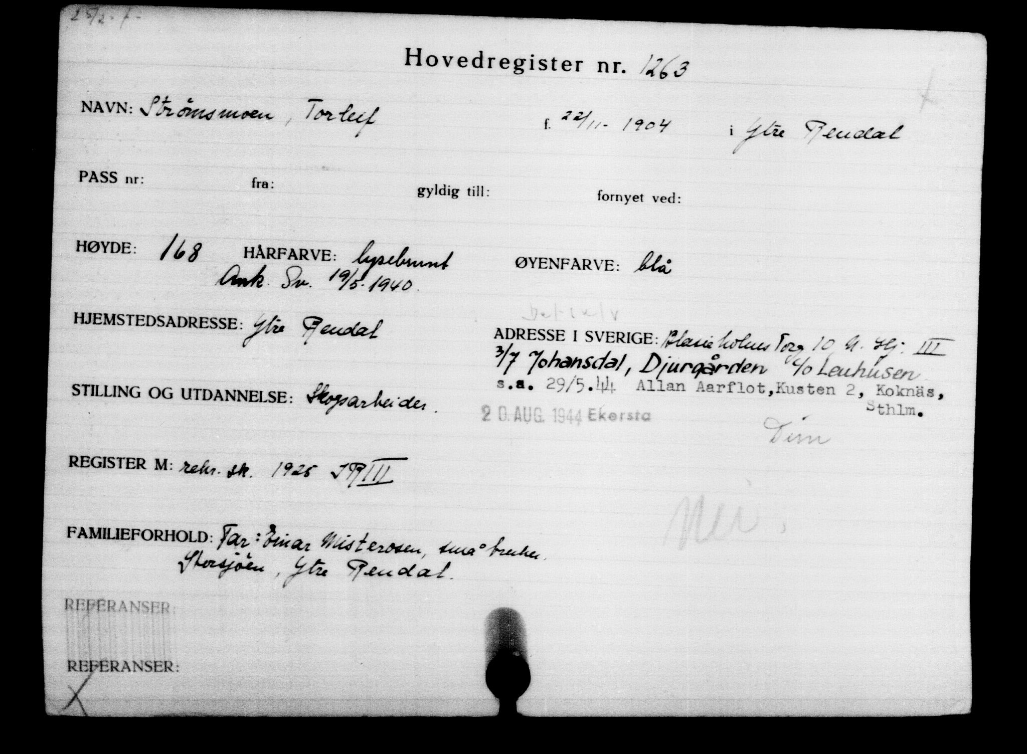 Utenriksstasjonene, Legasjonen i Stockholm, Flyktningkontoret, AV/RA-S-6753/V/Va/L0002: Kjesäterkartoteket, flyktninger med registreringsnr. 1001-2000, 1940-1945, s. 382