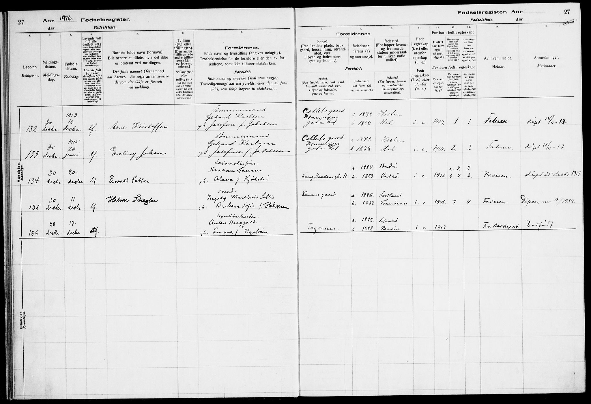 Ministerialprotokoller, klokkerbøker og fødselsregistre - Nordland, AV/SAT-A-1459/871/L1013: Fødselsregister nr. 871.II.4.1, 1916-1924, s. 27