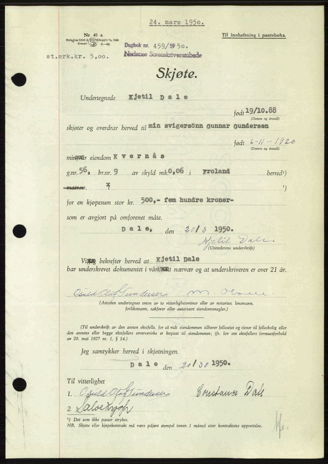 Nedenes sorenskriveri, AV/SAK-1221-0006/G/Gb/Gba/L0062: Pantebok nr. A14, 1949-1950, Dagboknr: 459/1950