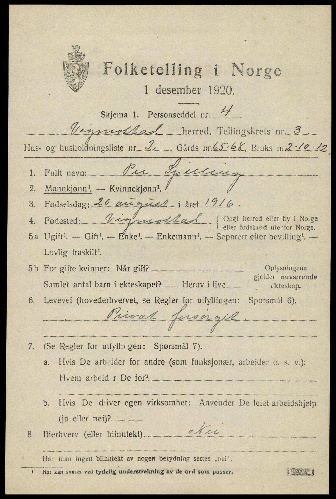 SAK, Folketelling 1920 for 1028 Vigmostad herred, 1920, s. 835