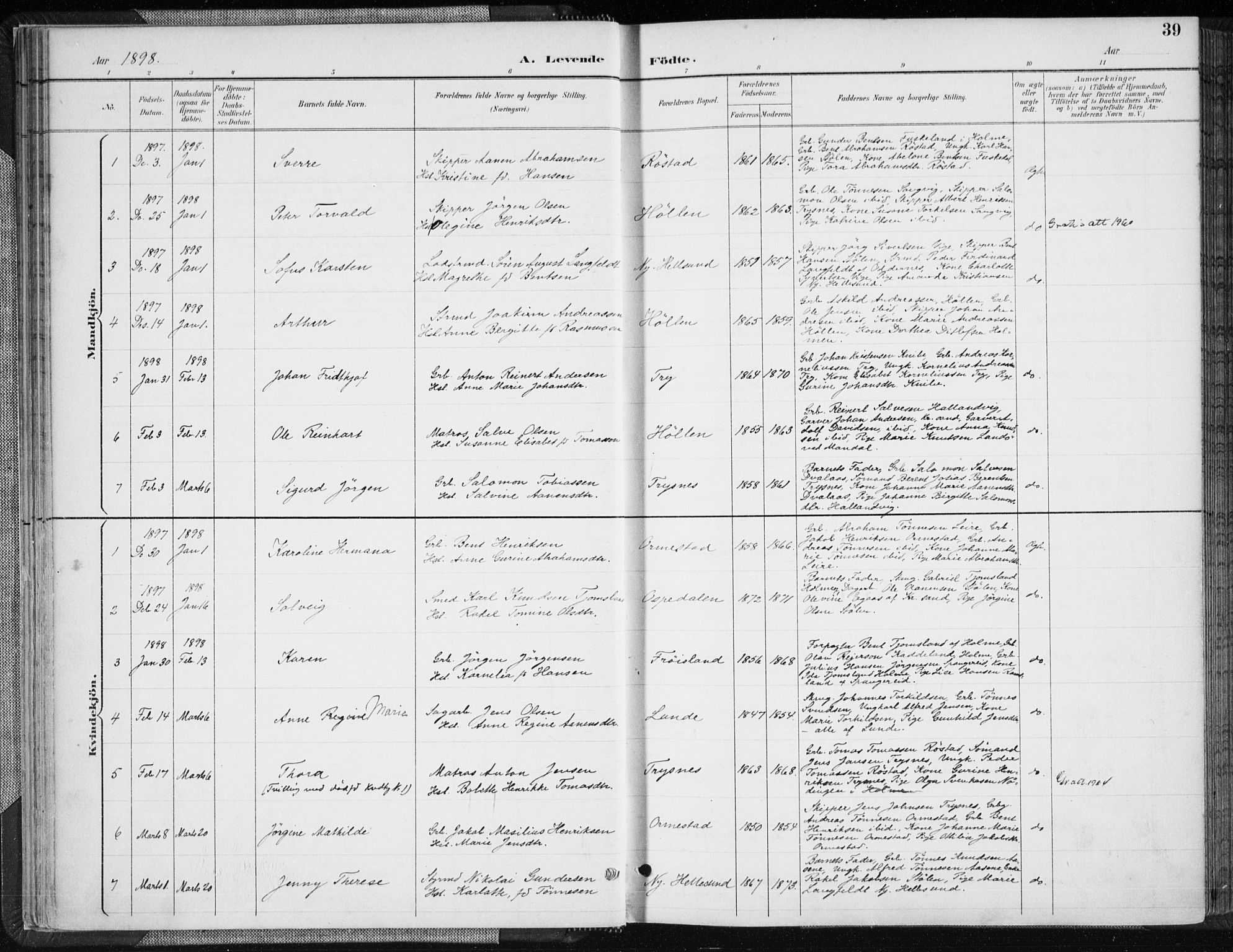Søgne sokneprestkontor, SAK/1111-0037/F/Fa/Fab/L0013: Ministerialbok nr. A 13, 1892-1911, s. 39