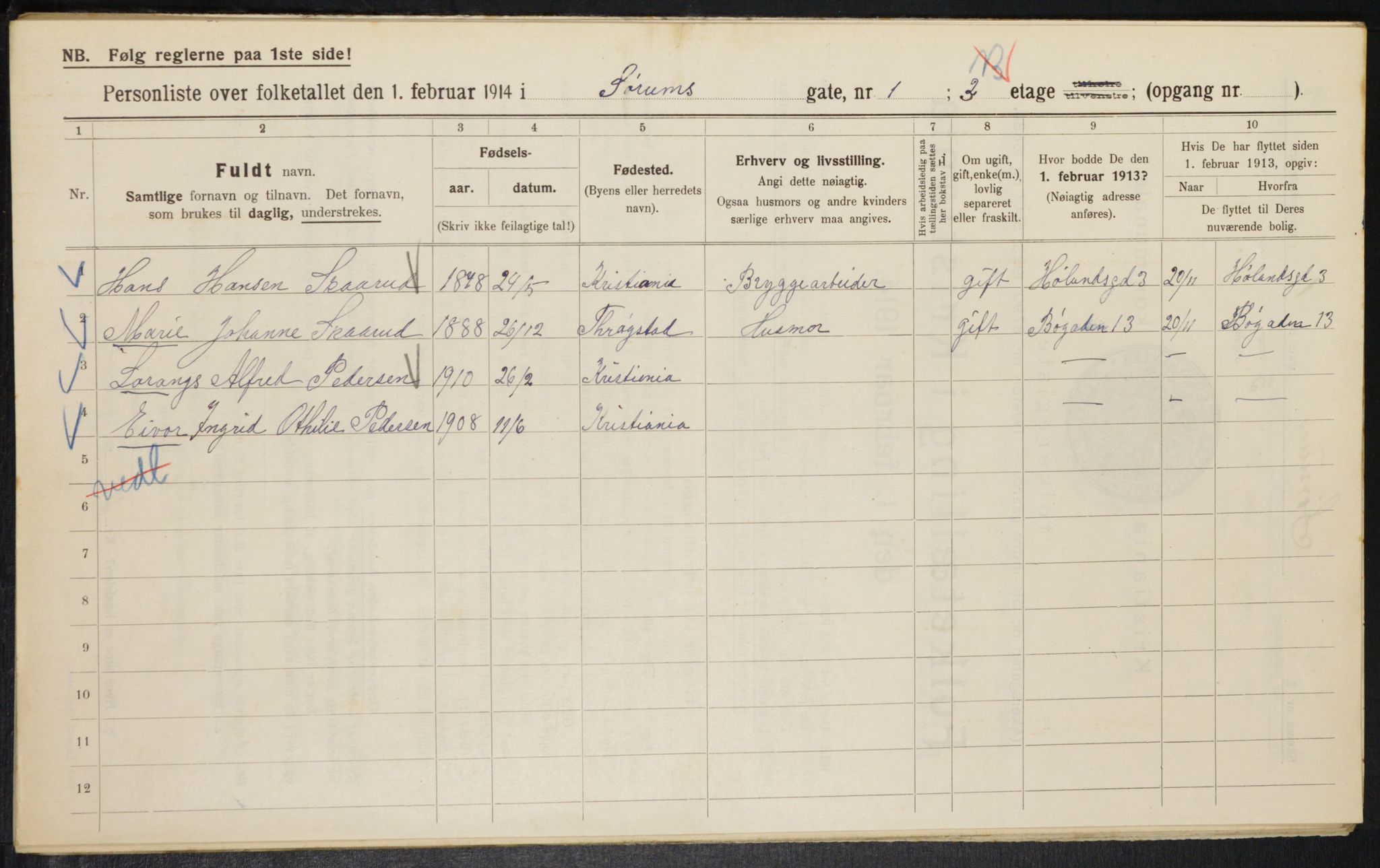 OBA, Kommunal folketelling 1.2.1914 for Kristiania, 1914, s. 107600